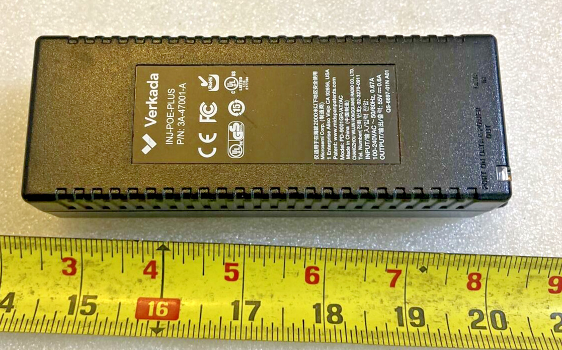 VERKADA Port Power Over Ethernet INJ-POE-PLUS 3A-47001-A 55V 0.6A QS-6697-01N