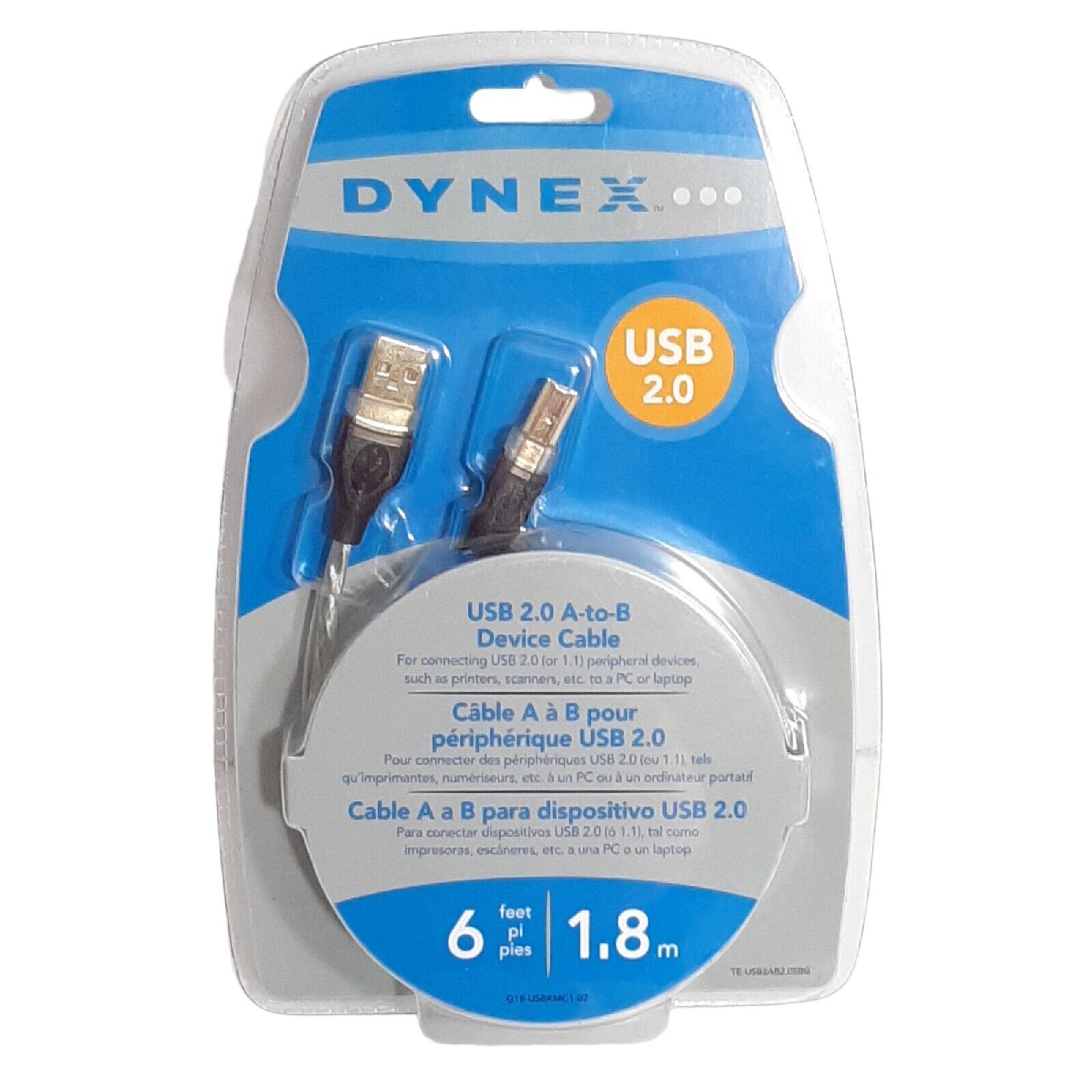 Dynex USB 2.0 Device Cable A Male to B Male Gold Plated Connectors 6'/1.8 M