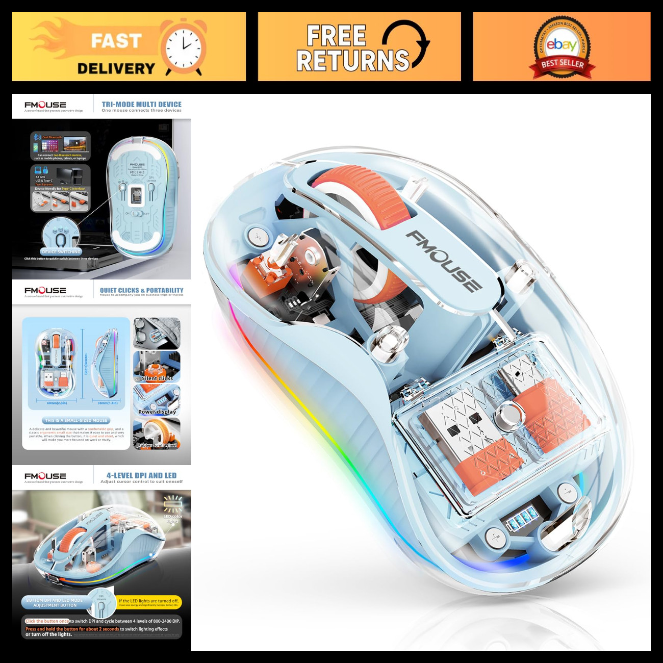 Transparent Wireless Mouse - Tri-Mode Bluetooth & 2.4GHz, Ergonomic Design, Blue
