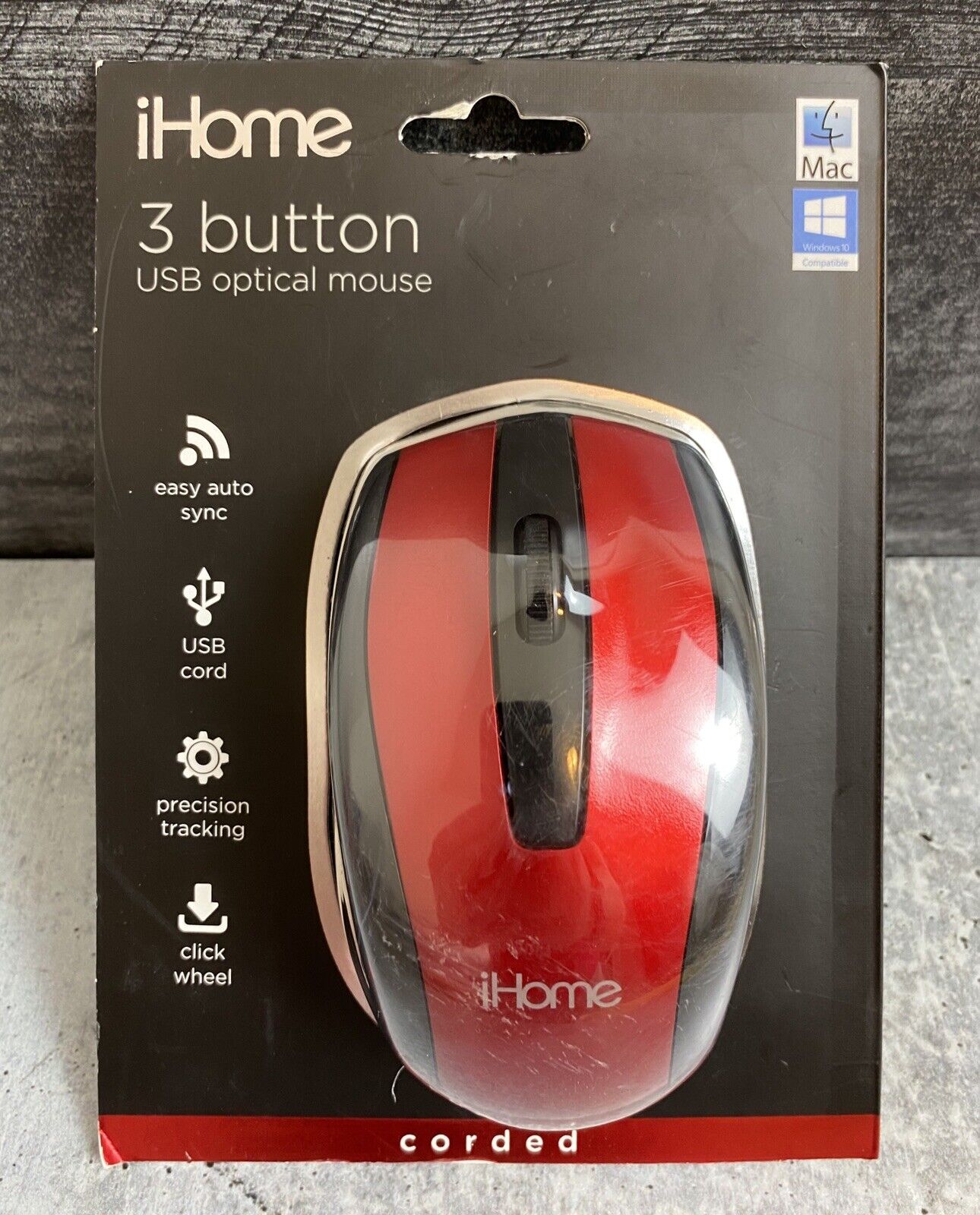 iHome IH-BL-M600R 3 Buttons Compact USB Corded Optical Mouse Red