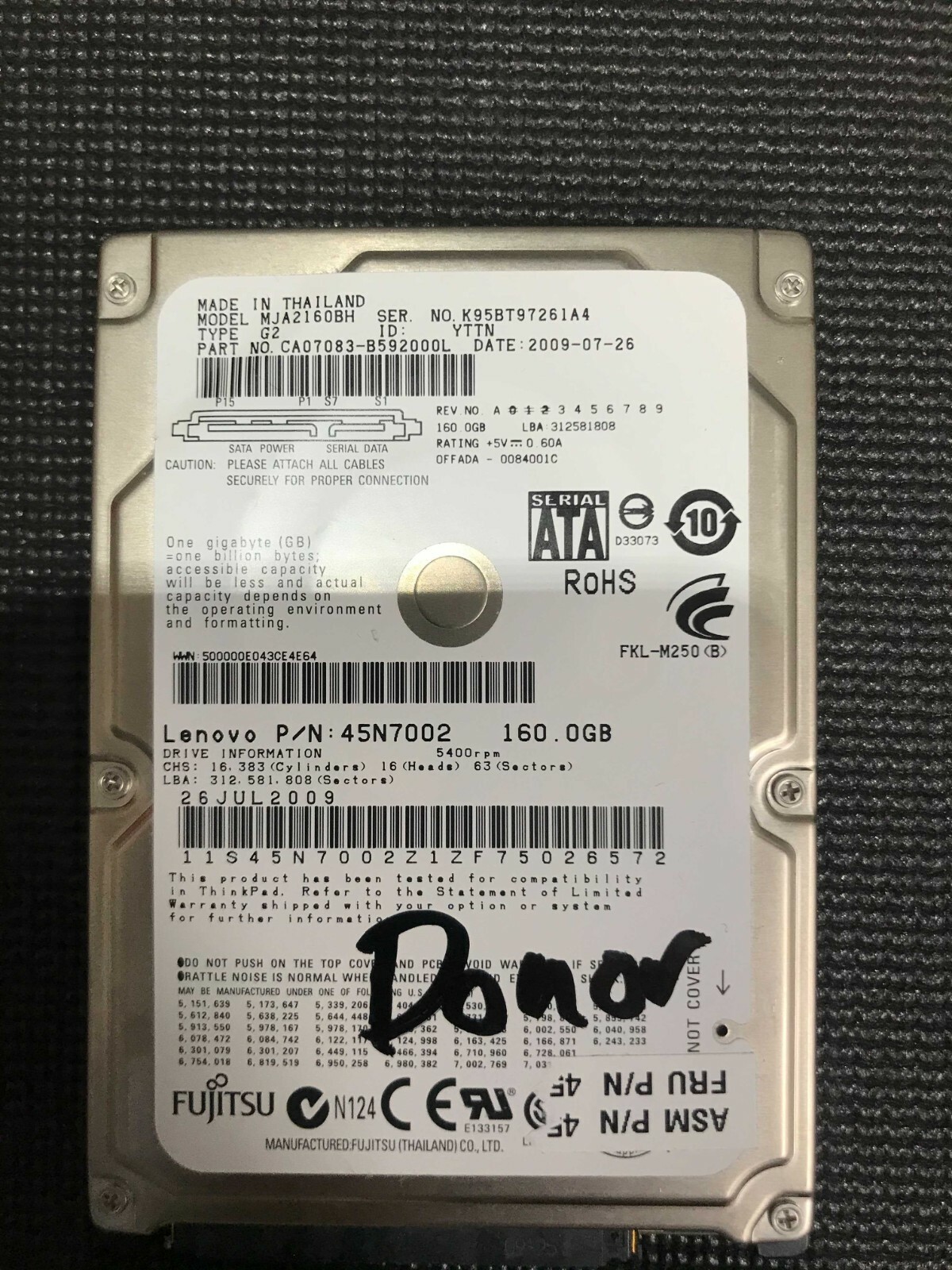 Fujitsu DONOR Hard Drive 160GB MJA2160BH For Parts / Repair