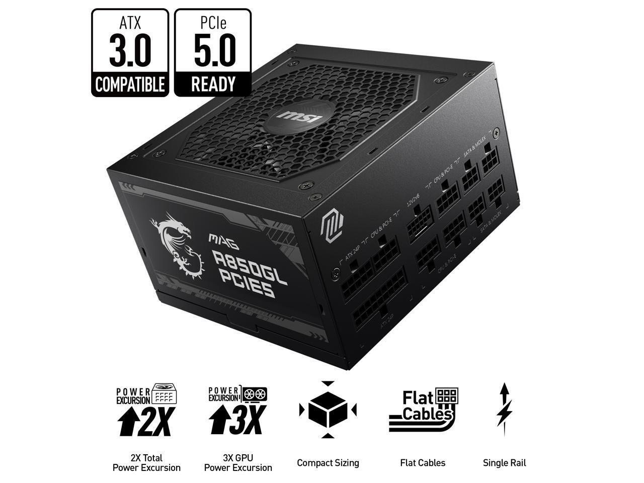MSI MAG 850W A850GL PCIE 5.0 80+ GOLD Fully Modular Gaming PSU, 12VHPWR Cable