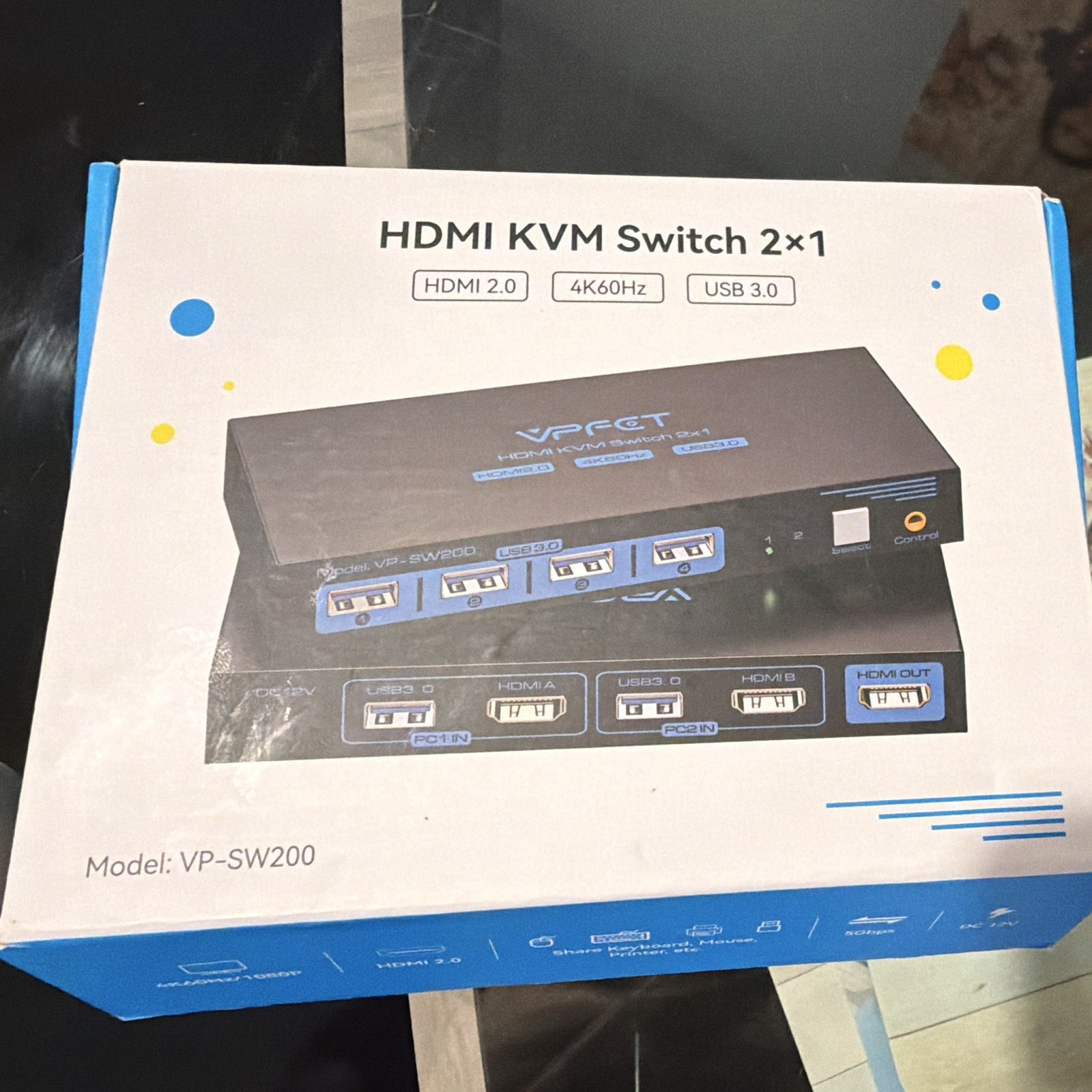 VPFET 2x1 HDMI 2.0 KVM Switch 4K@60Hz USB 3.0 Powered VP-SW200 Black