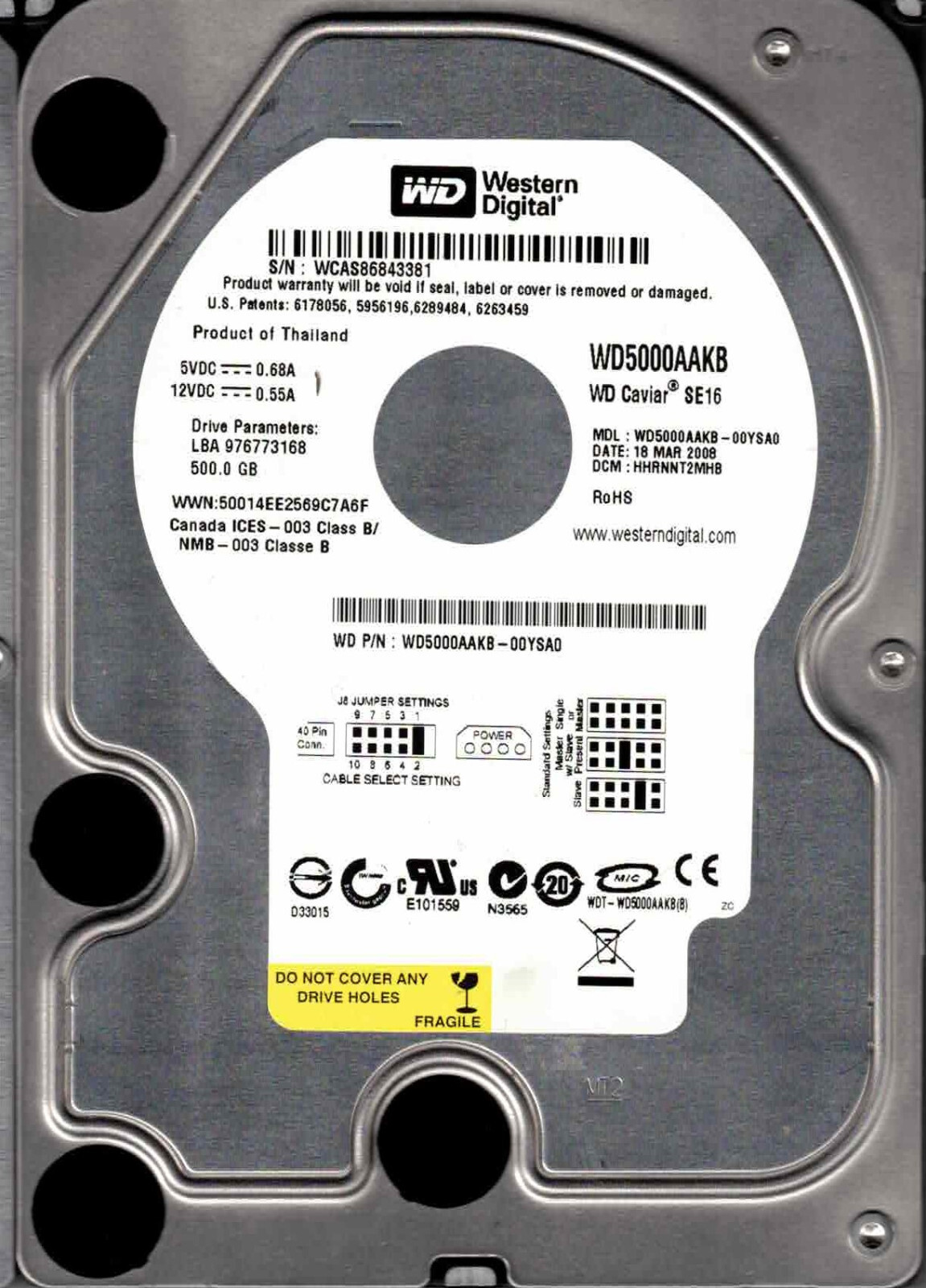 WD5000AAKB-00YSA0, HHRNNT2MHB,  WESTERN DIGITAL SATA 500GB WCAS MAR 2008