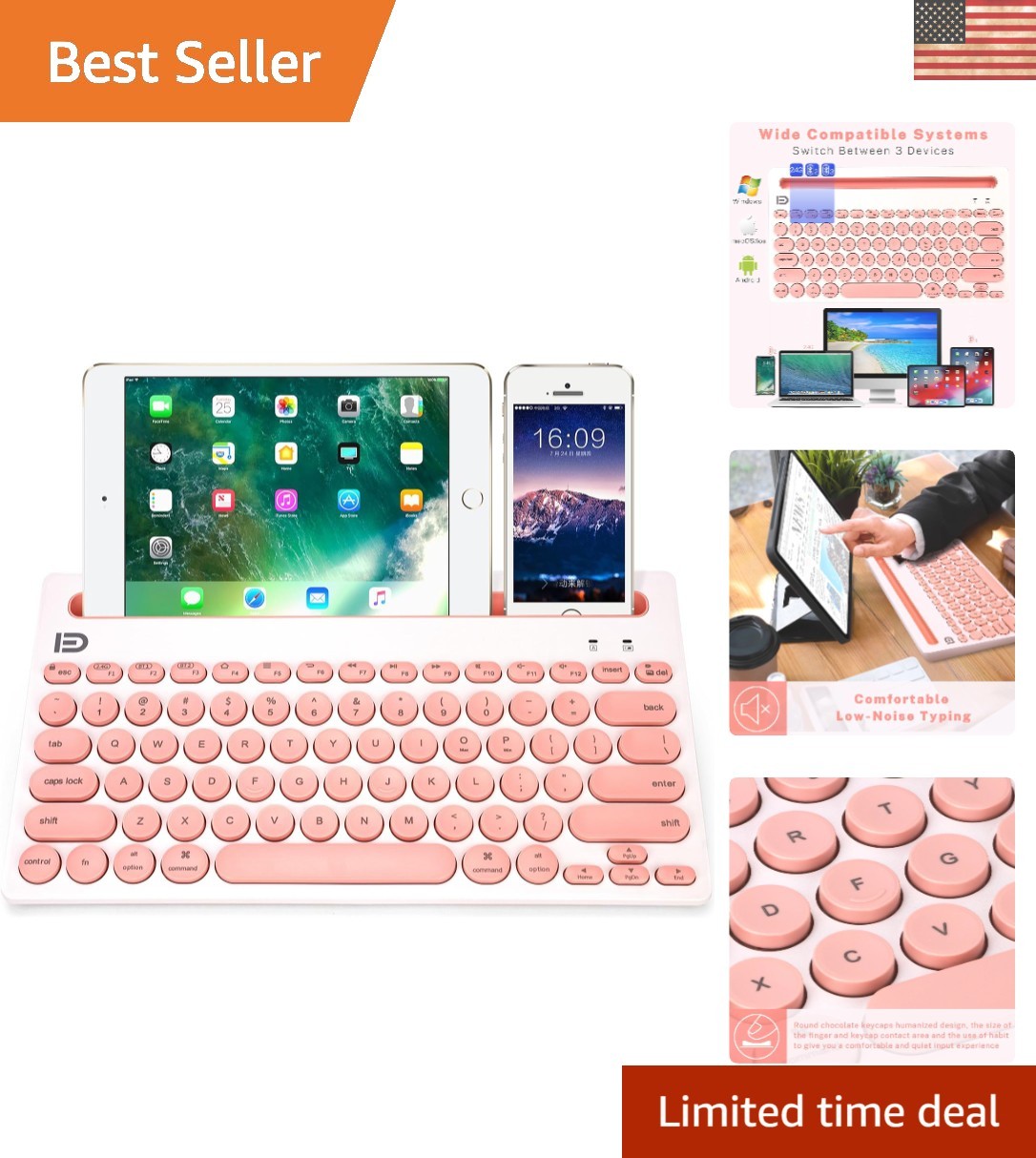 Ultra-Slim Wireless Keyboard in Pink - Connects Effortlessly with 3 Devices