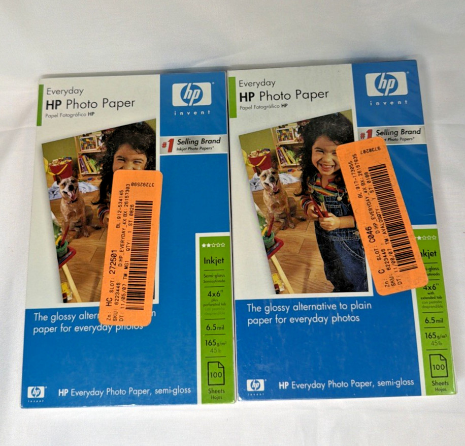 2 HP Everyday Photo Paper 4x6 Semi-Gloss 100 Sheets/Pack 200 Sheets Total