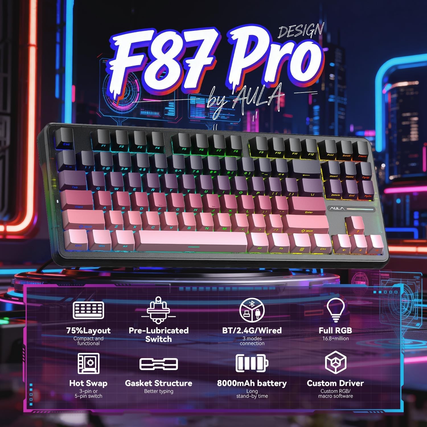 Aula F87 Pro Wireless Mechanical Keyboard, 75% TKL Tri-Mode 8000mAh Battery