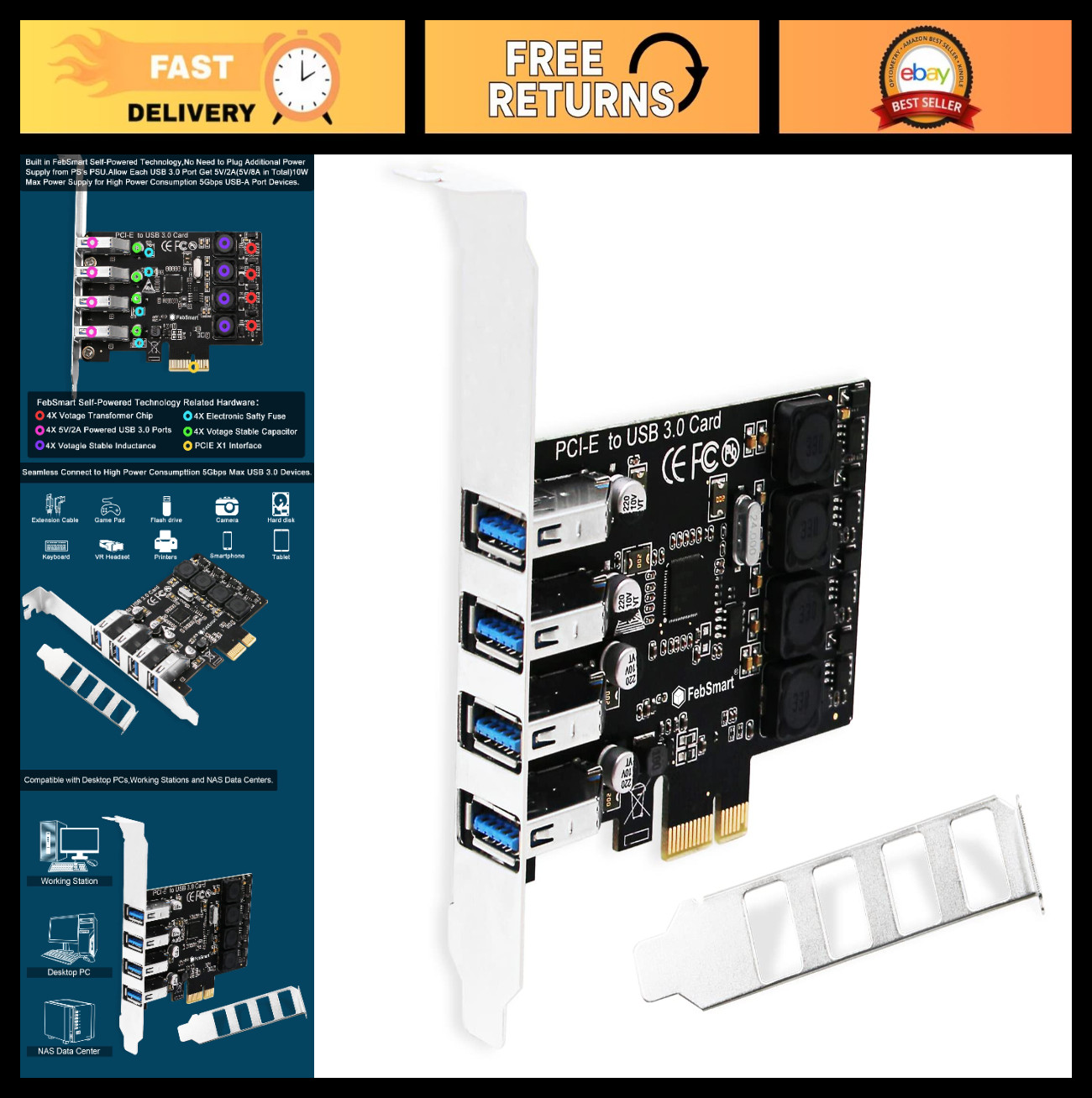 PCIE 4-Ports Superspeed 5Gbps USB 3.0 Expansion Card for Windows 11, 10, 8.x, 7