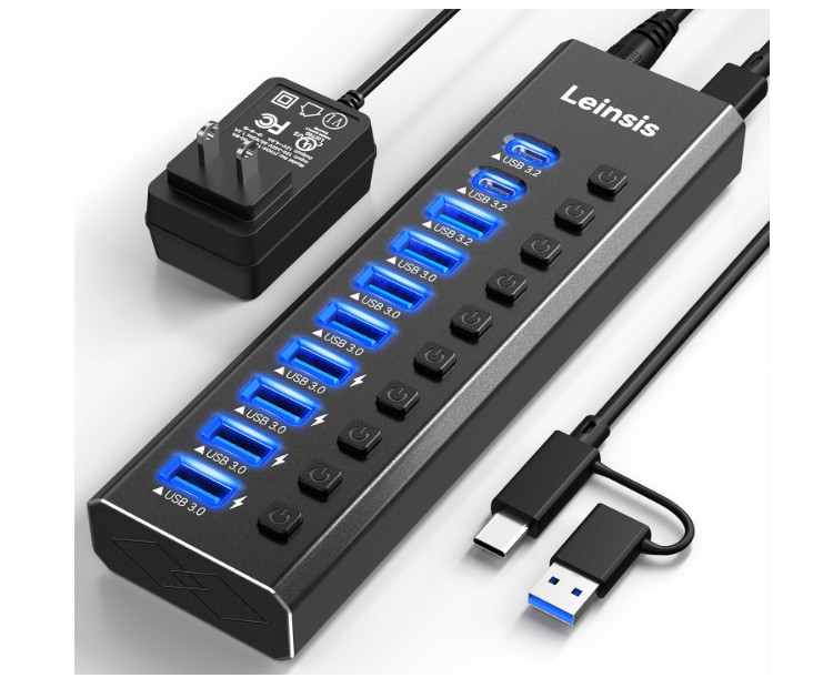 Hub USB 3.2 de 10 puertos con carcasa de aluminio, 10 Gbps y switches