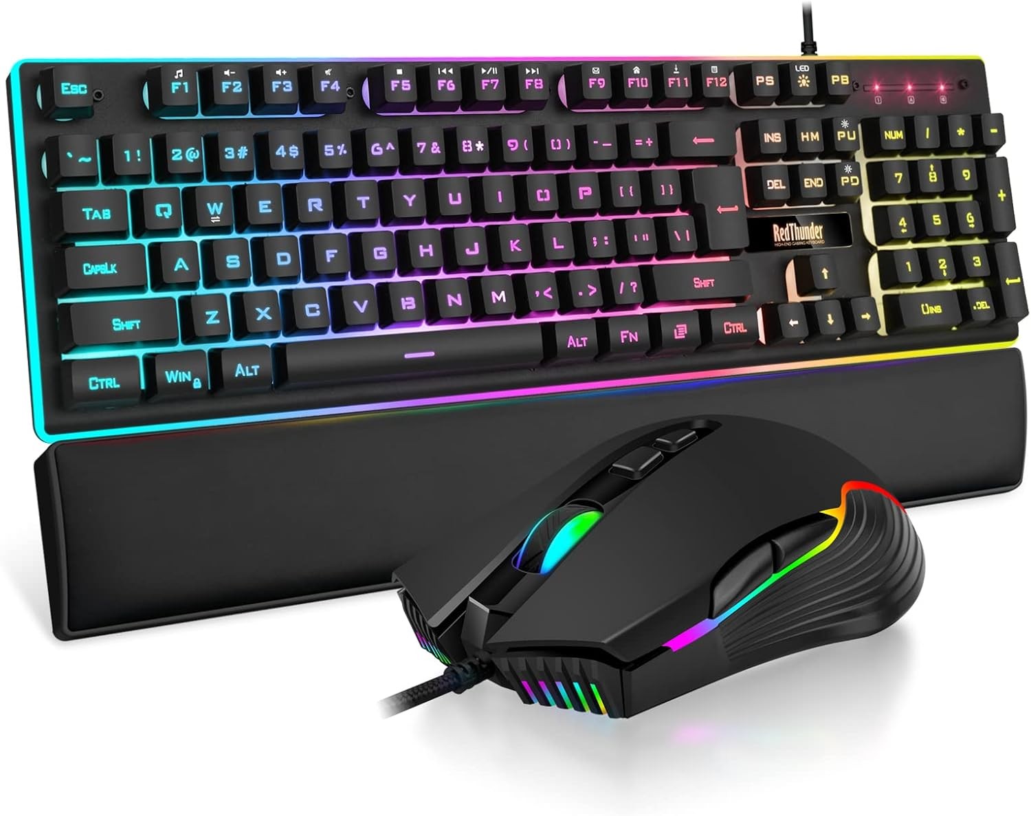 RedThunder K10 Wired Gaming Keyboard and Mouse and Wrist Rest Combo, RGB