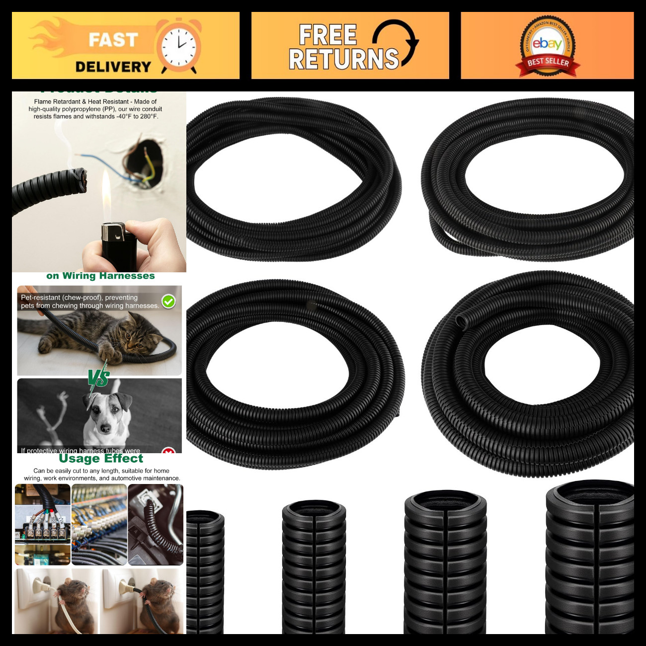 120FT Split Wire Loom - 4pc Flame Retardant Cable Sleeve Management, Durable Pro
