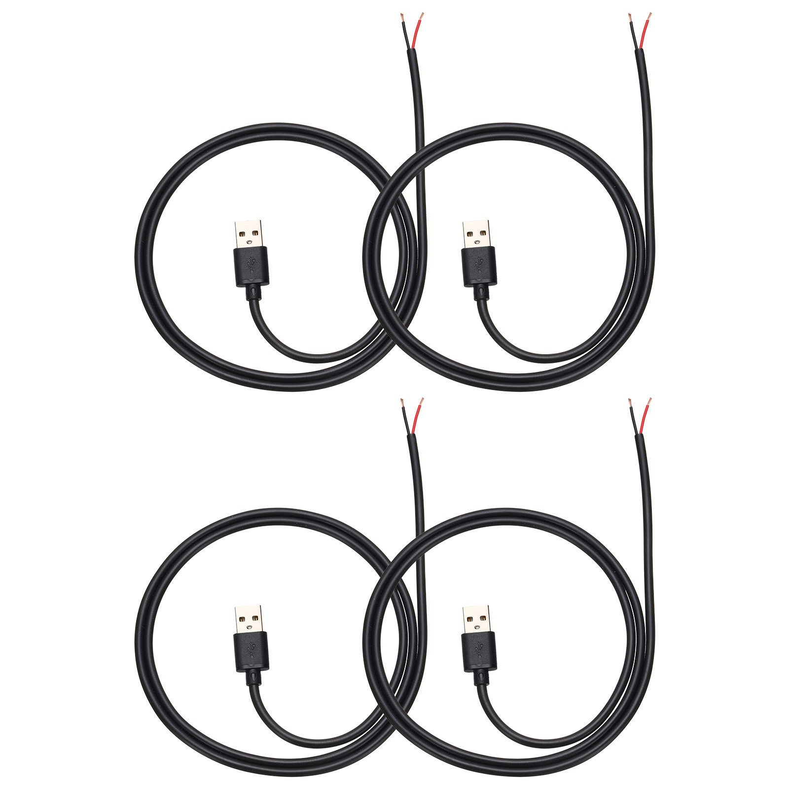 4Pcs 0.5m/1.64Ft USB Pigtail Cable, 5V 2.4A USB A to 2 Pin Bare Wires, Black