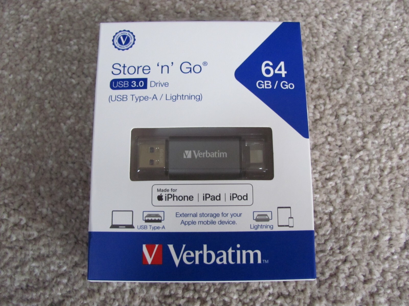 New Verbatim iStore 'n' Go Dual 64GB USB 3.0 Flash Drive (USB Type-A/Lightning)