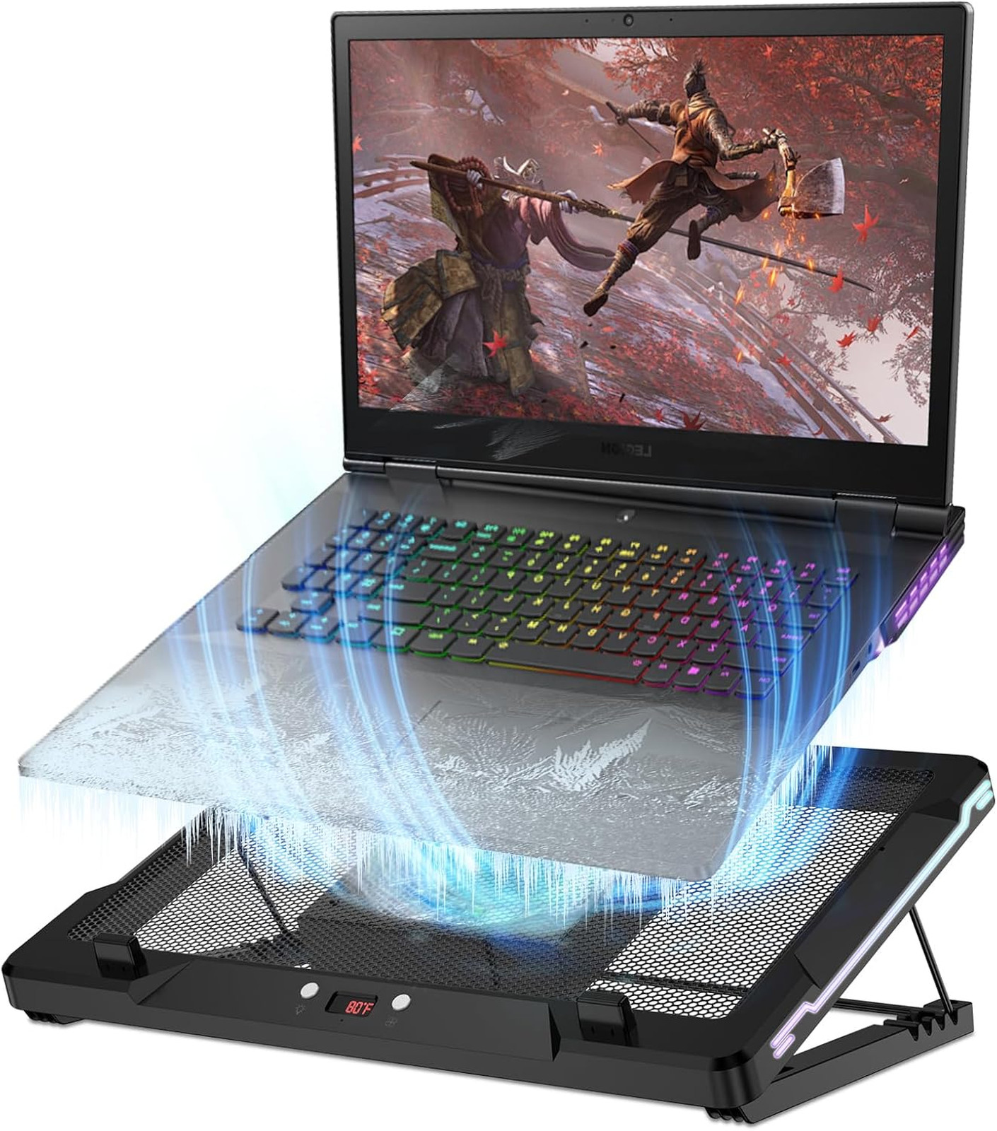 Laptop Cooling Pad with Movable Fan and RGB Lights for 14 to 17.3 Inch Laptops