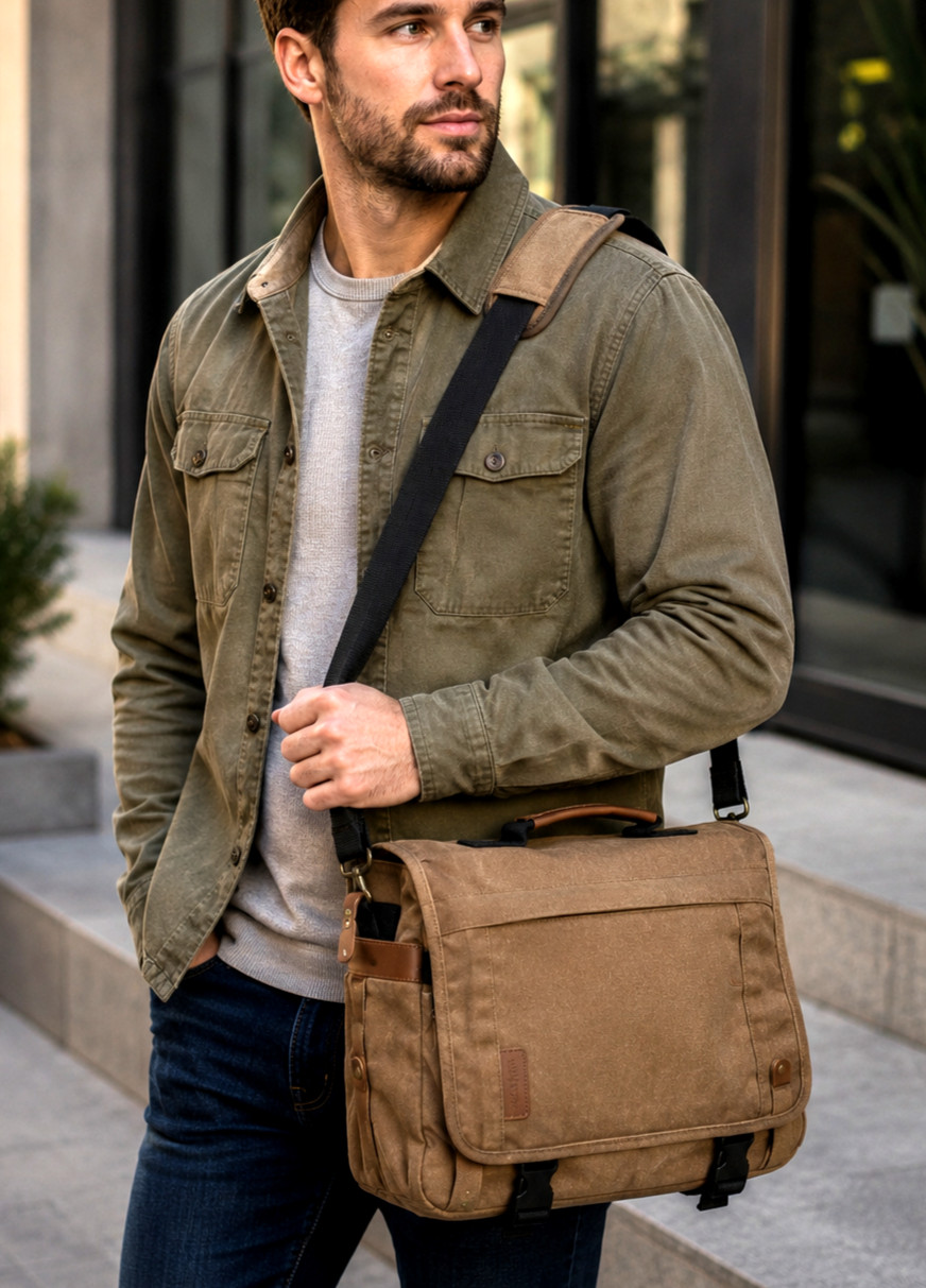 RAINSMORE Canvas Laptop Messenger Bag Briefcase Shoulder Bag Brown