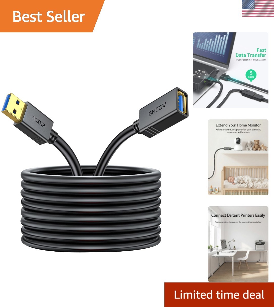 USB 3.0 Extension Cable 20 FT, Heavy-Duty 22AWG Power Wire, Cord, High-Speed ...