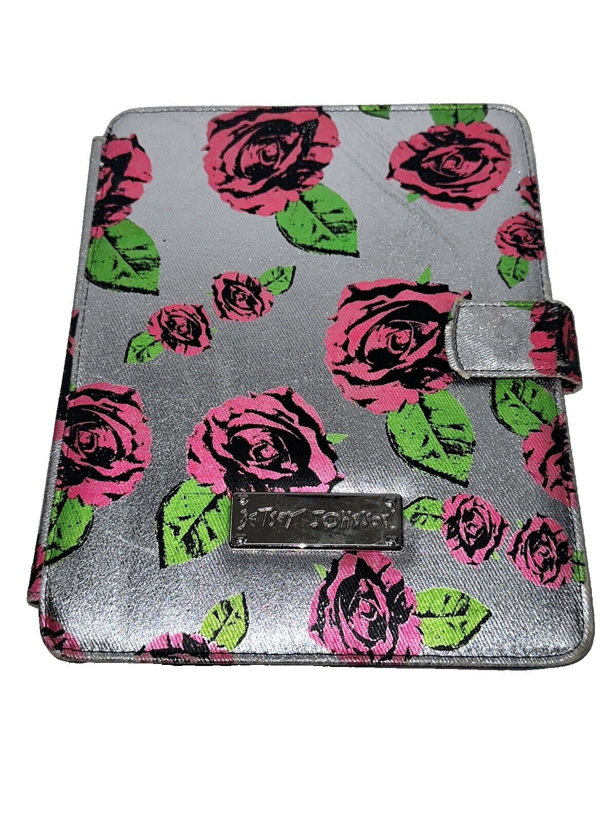 Used Betsey Johnson Silver with Hot Pink Roses Tablet Cover