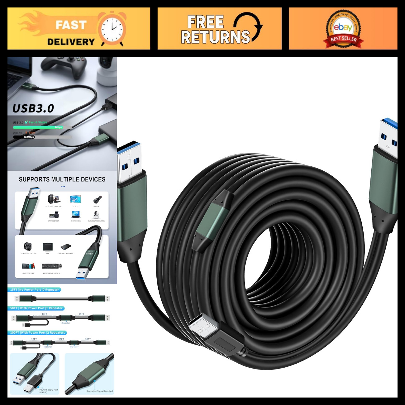 65Ft USB 3.0 Male to Male Cable - Data Transfer, Hard Drive, Laptop, DVD, USB Hu