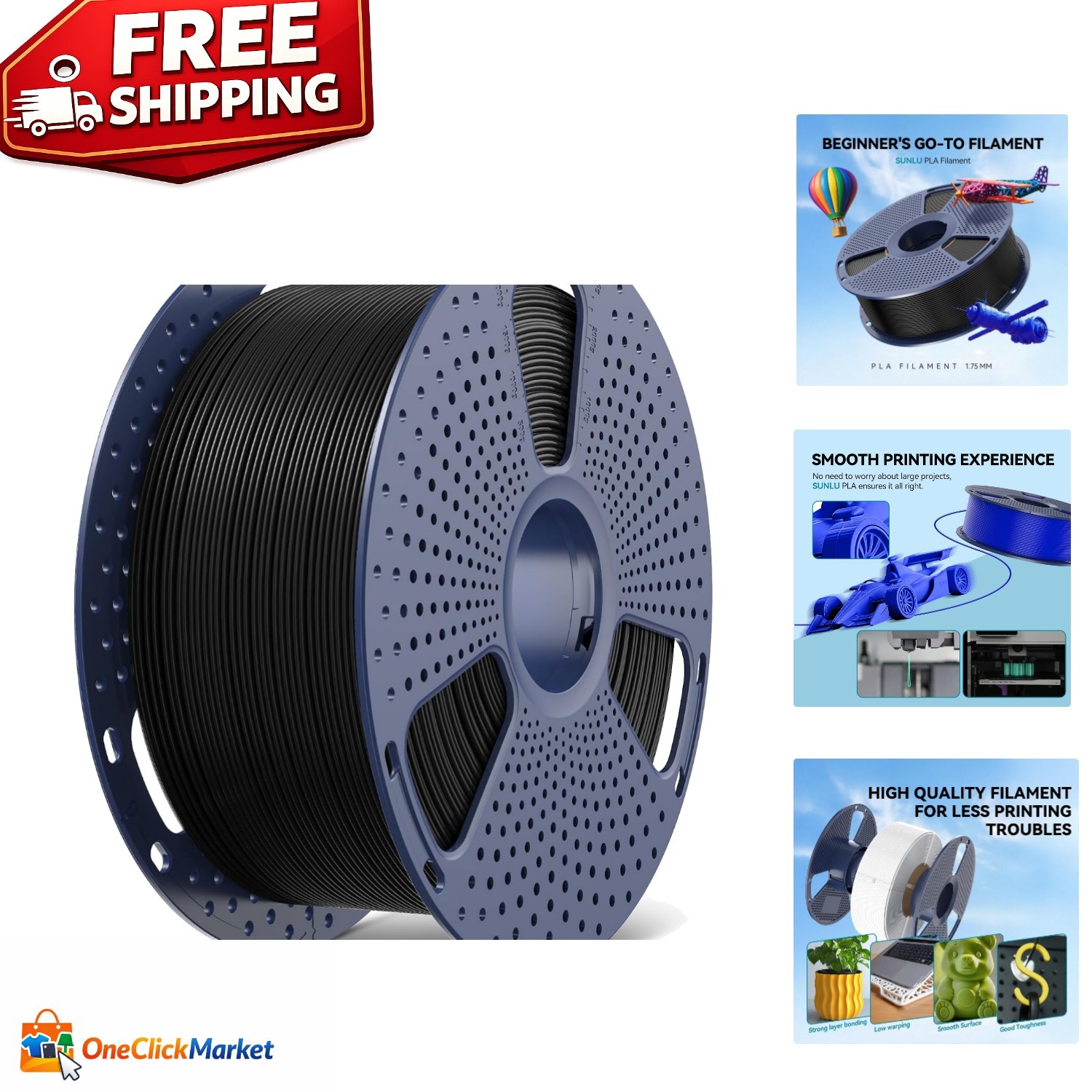 Large 3KG Black PLA Filament - Unmatched Print Quality & Layer Adhesion - 1.75mm