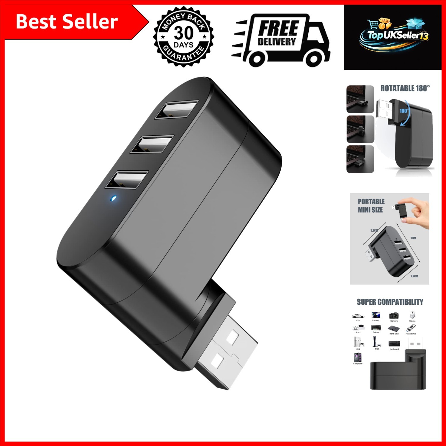 3-Port USB 2.0 Splitter Rotatable 90/180 for Laptop PC