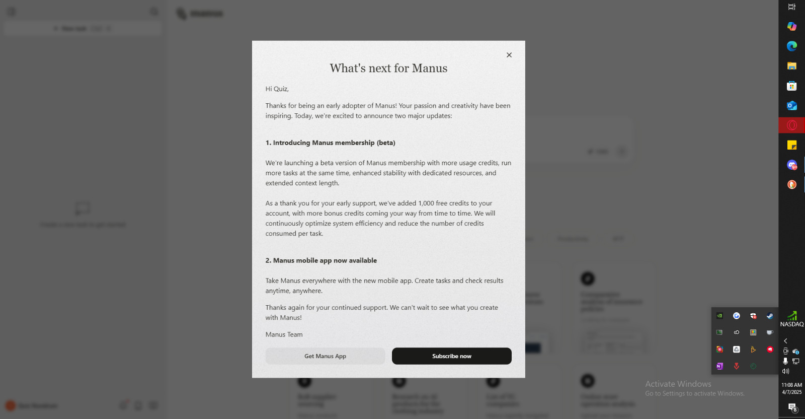 Manus AI Access Email and Password (1,000) credits