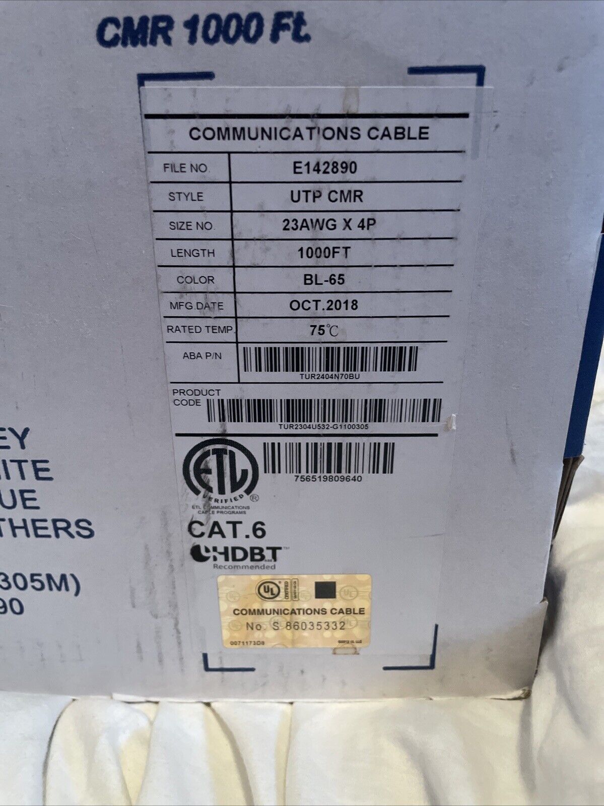 Cat6E 600 MHz UTP CMP 23 AWG 4P 1000 Foot ABA Blue Elite Plenum Cable