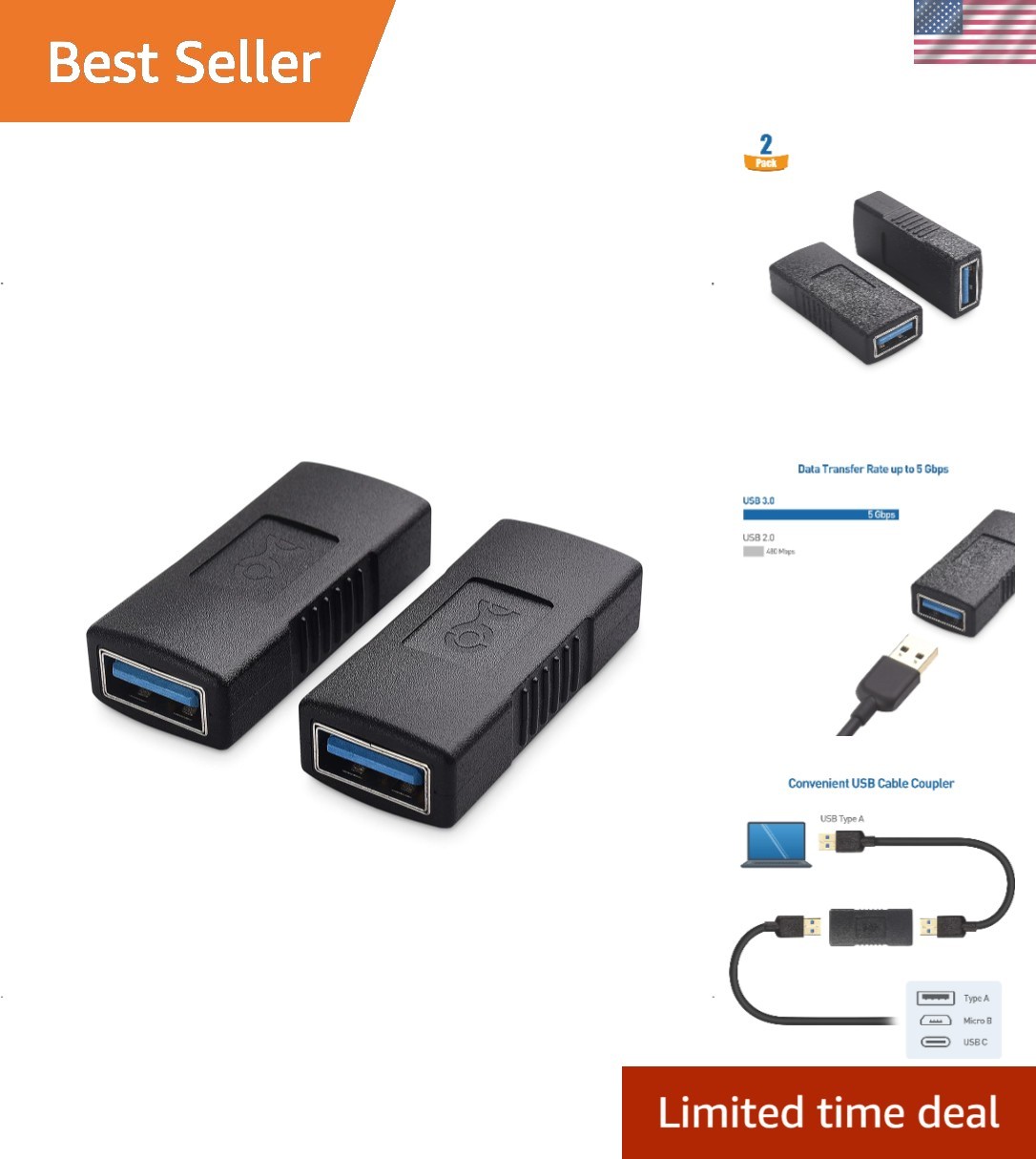 2-Pack USB 3.0 Coupler Black Gold Compact