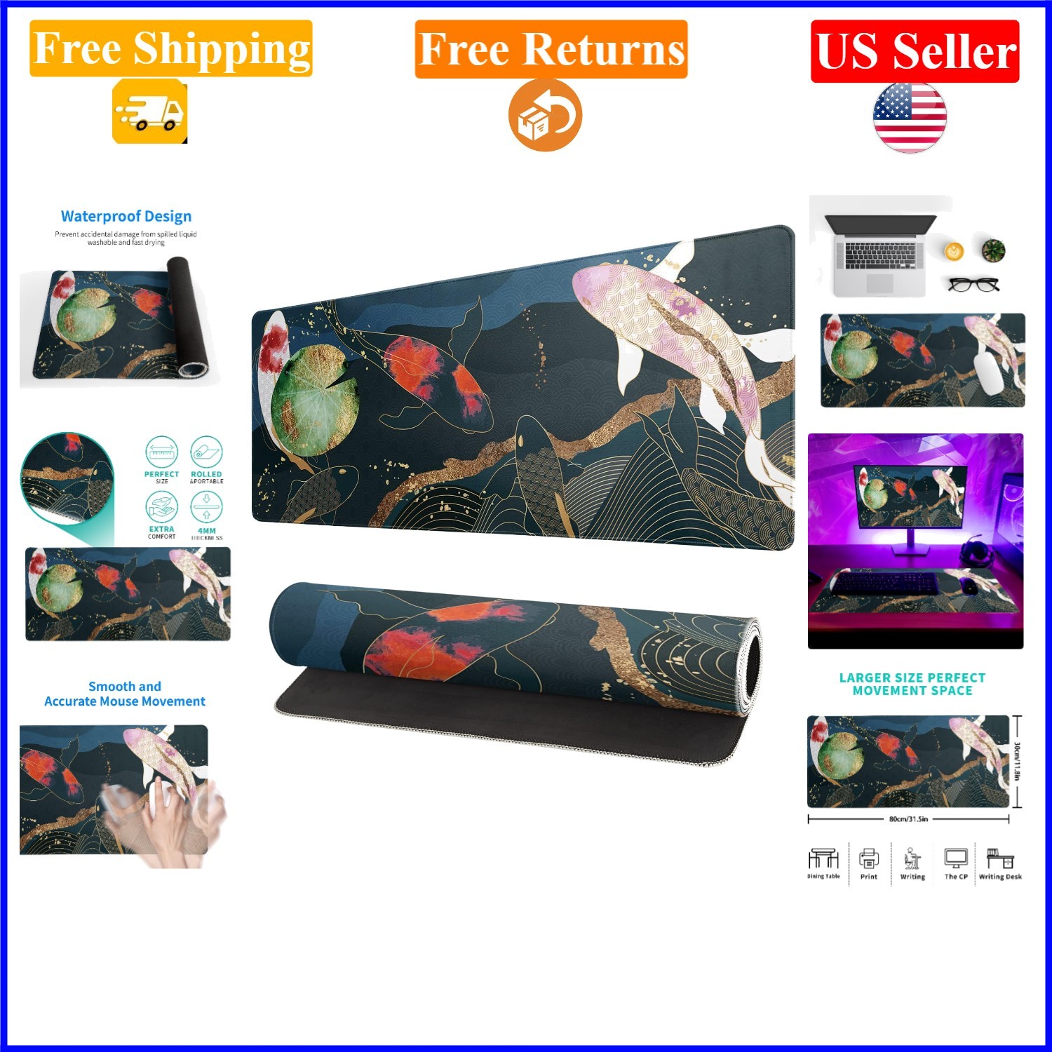 Japanese Koi Fish XL Gaming & Office Mouse Pad 31.5x11.8 Inch Waterproof