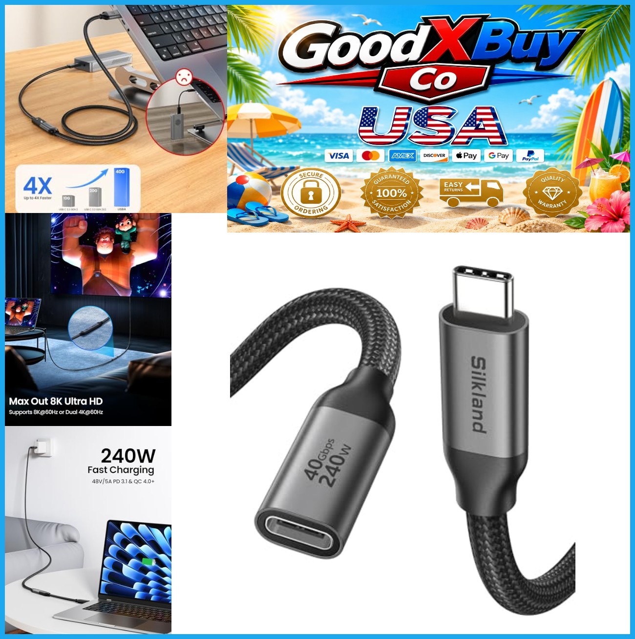 USB4 Extension Cable 40Gbps 240W USB C Male to Female 1FT Thunderbolt 4 8K