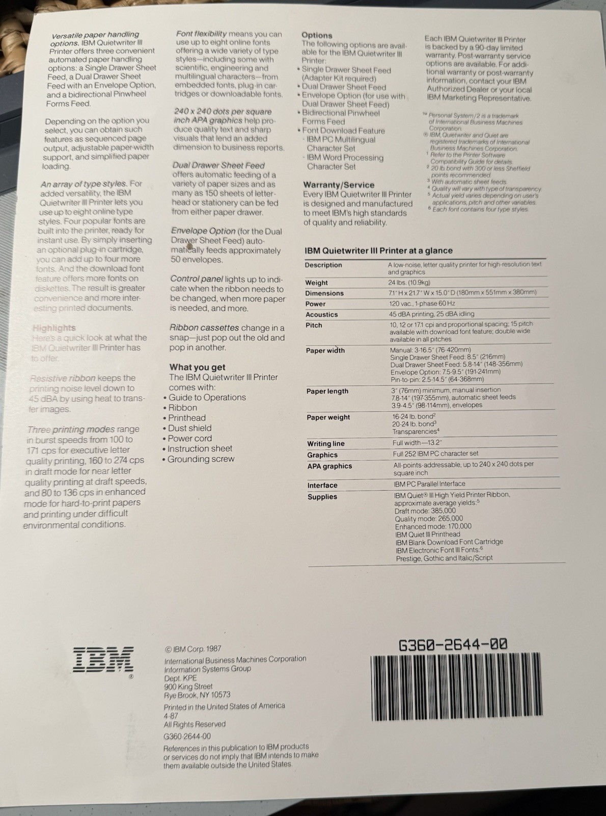 VINTAGE 1987 IBM QUIETWRITER III PRINTER SPEC SHEET COMPUTERS 29