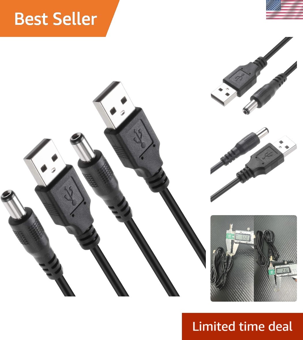 2-Pack USB 2.0 A Male to DC 5.5x2.1mm Charging Cable, 3FT 2.5A Power, Black