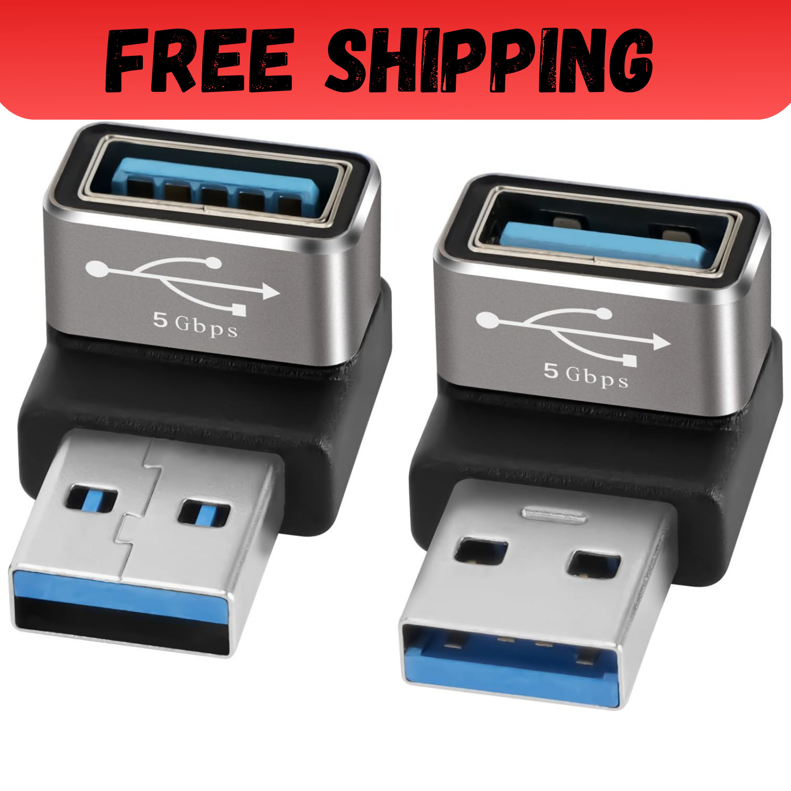 90 Degree USB 3.0 Adapter 2 Pack, Up and Down Right Angle USB A Male to Female