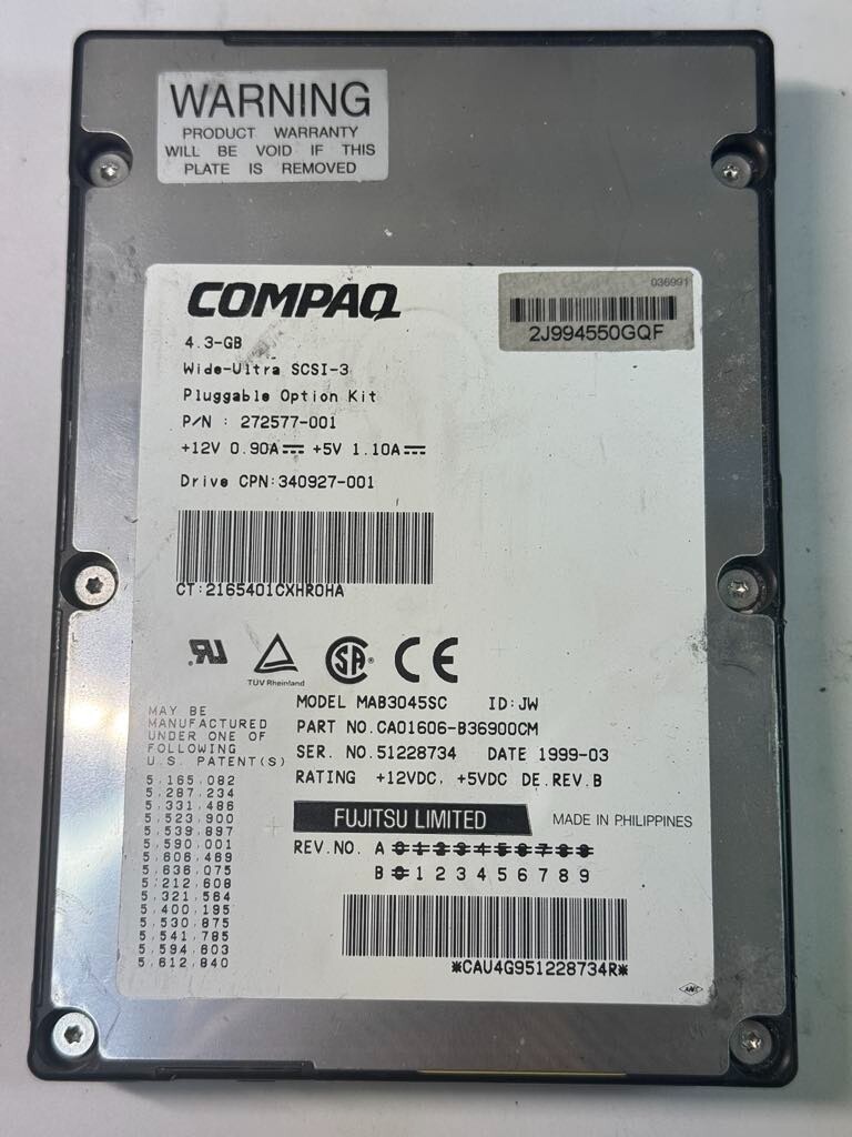HP Compaq 272577-001 MAB3045SC 4.3GB 7.2K RPM Wide-Ultra SCSI-3 80 Pin 3.5" HDD
