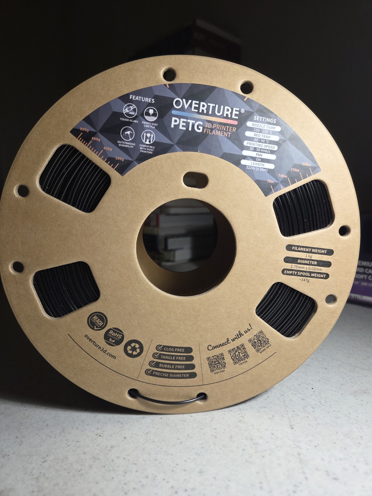 Overture PETG 3D Printer Filament Black 1.75mm 1kg Spool for 3D Printing