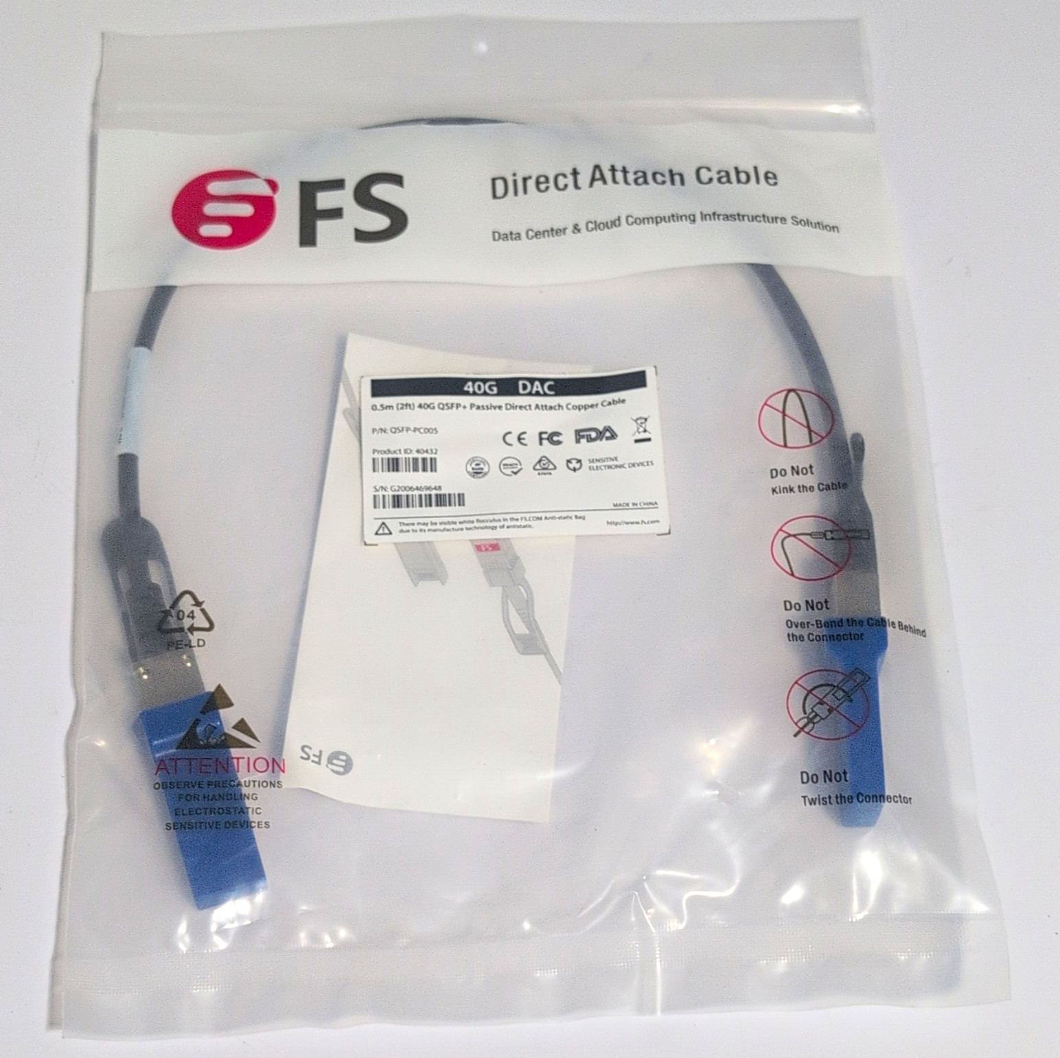 FS 40G QSFP+ Passive DAC Direct Attach Copper Cable 0.5m/2ft QSFP-PC005