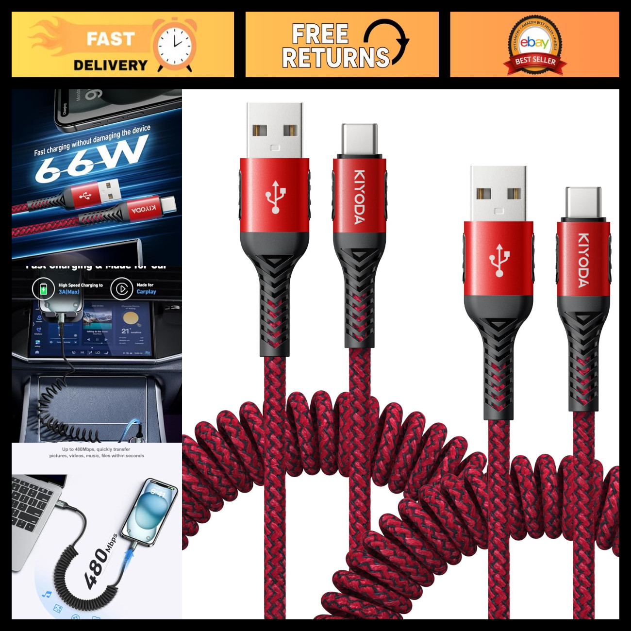 Coiled USB A to USB C Cable, Braided Fast Charging Cord for Car & Home Use