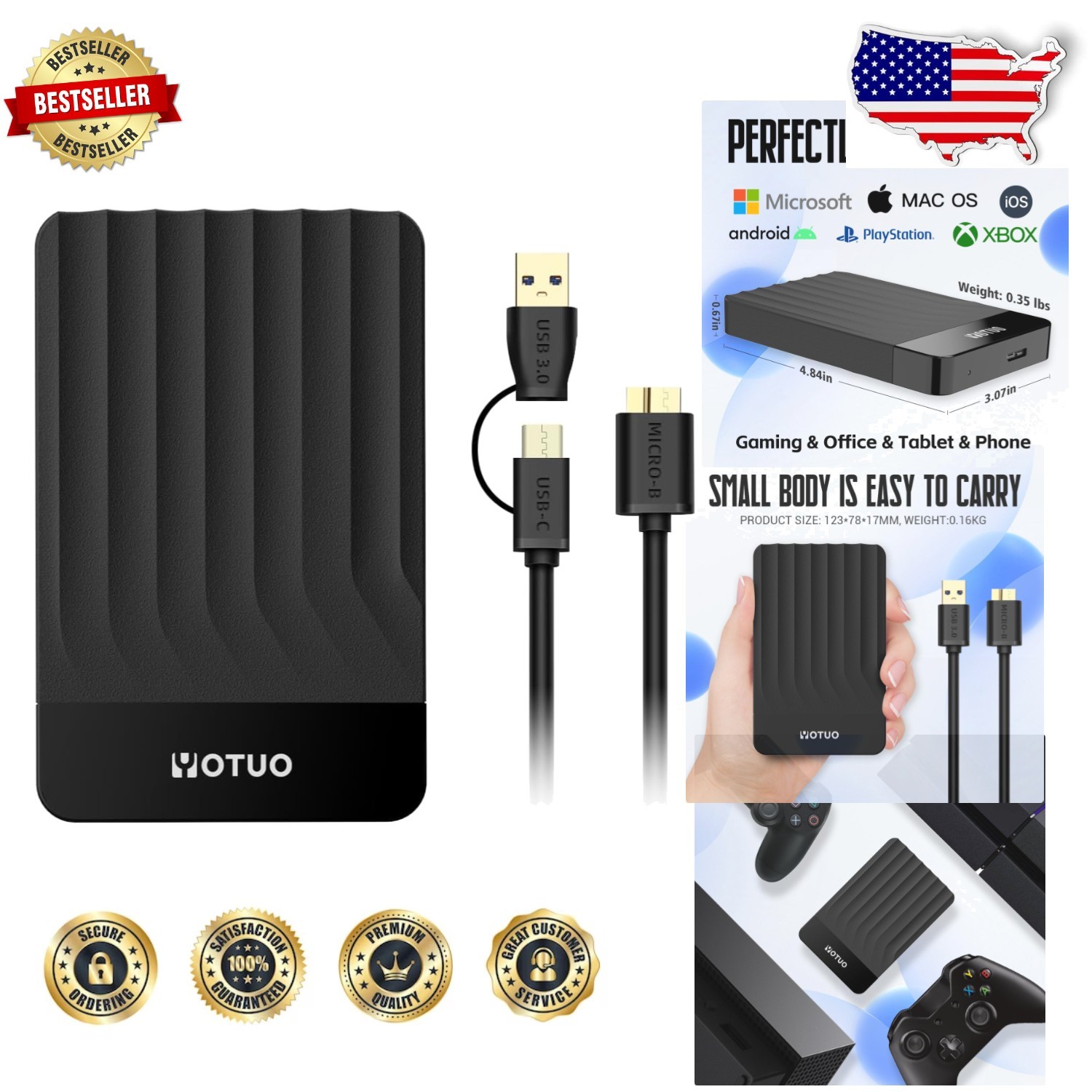 750GB Portable Hard Drive - Fast USB 3.0/C, Plug & Play, Shockproof Aluminum