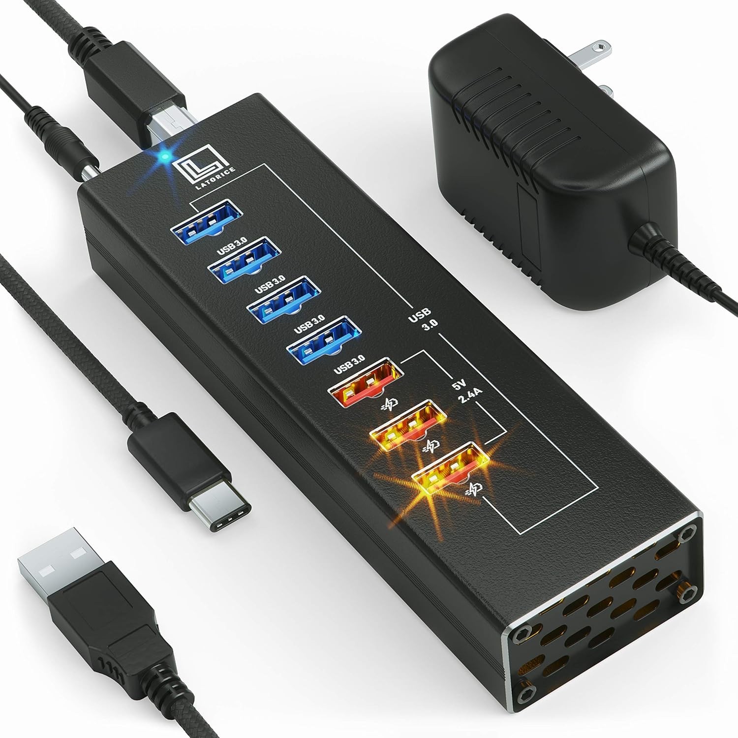 Powered USB Hub - Multi-Port USB Hub with 7 USB 3.0 Ports, 3 Fast Charging USB 3