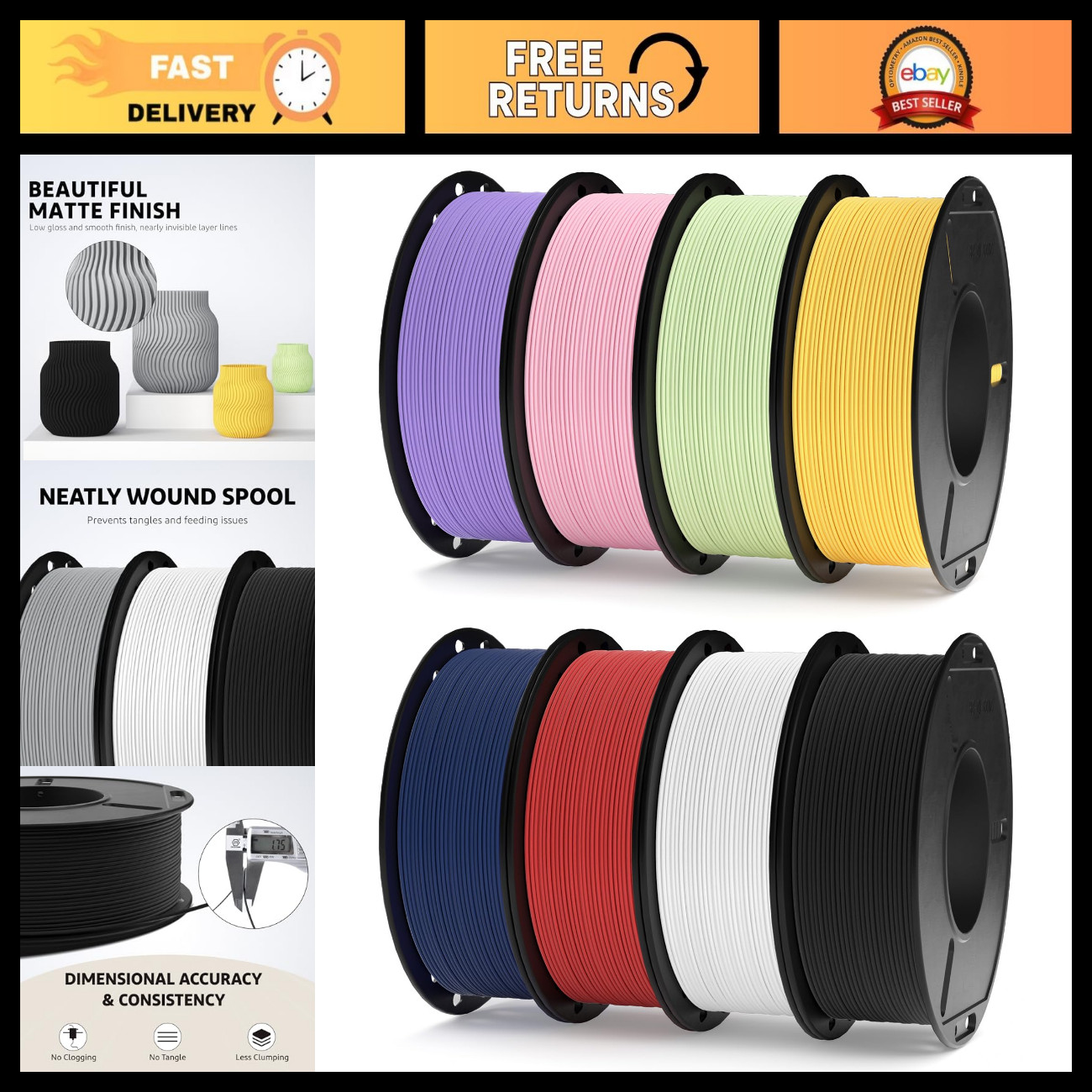 Matte PLA 3D Printer Filament Bundle 1.75mm - 8 Colors, 250g Each, High Quality