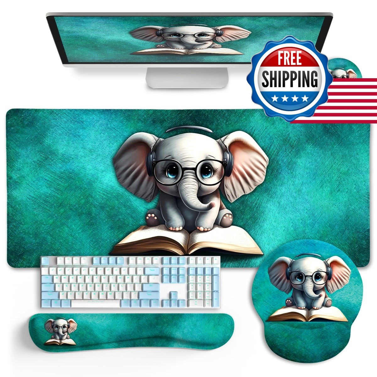 LIMKRIAN Large Desk Mat Set Mouse Pad with Wrist Rest Cute Elephant