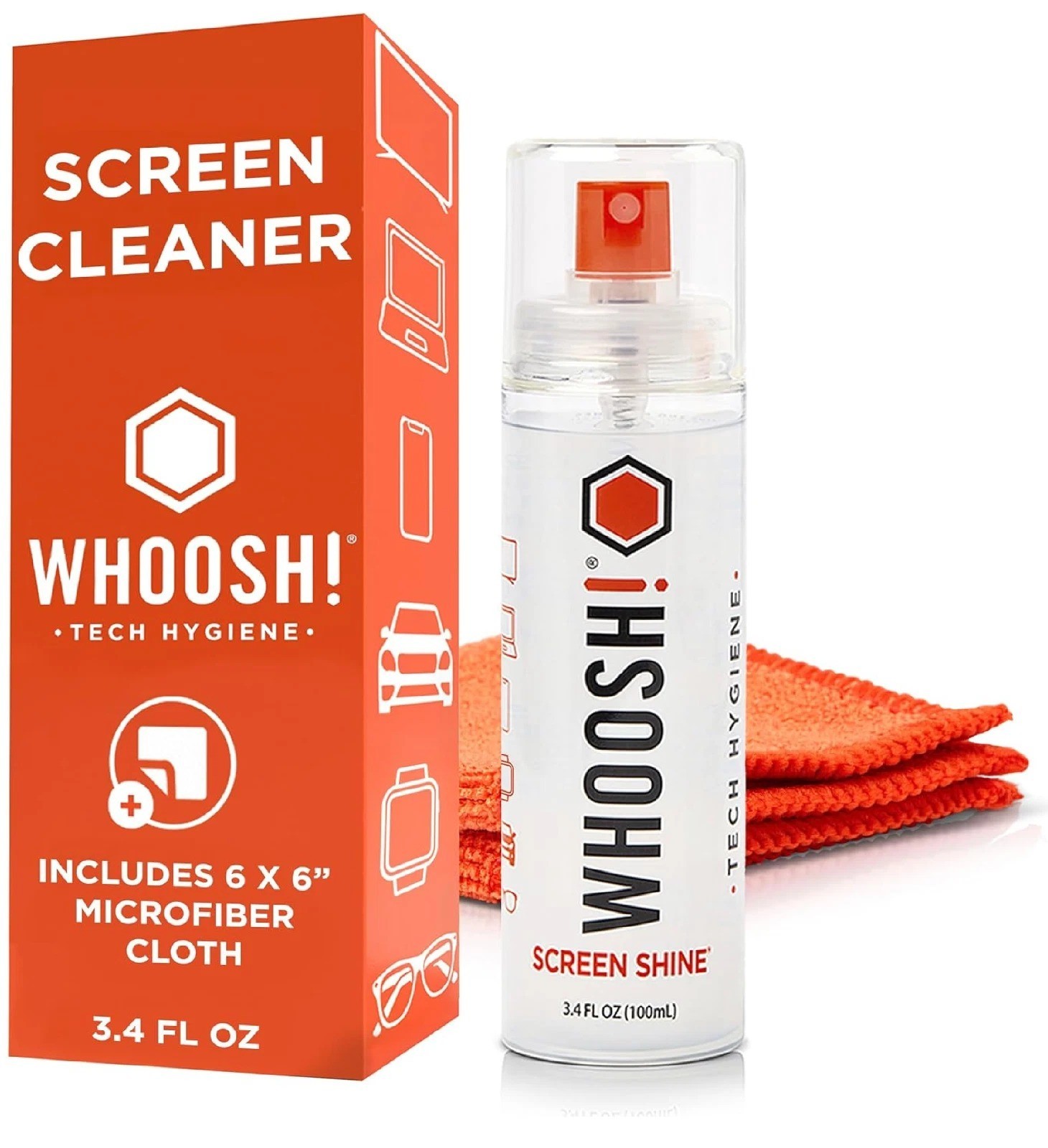WHOOSH Screen Shine Go XL - 3.4 fl oz with Microfiber Cloth - Powerful Streak-F