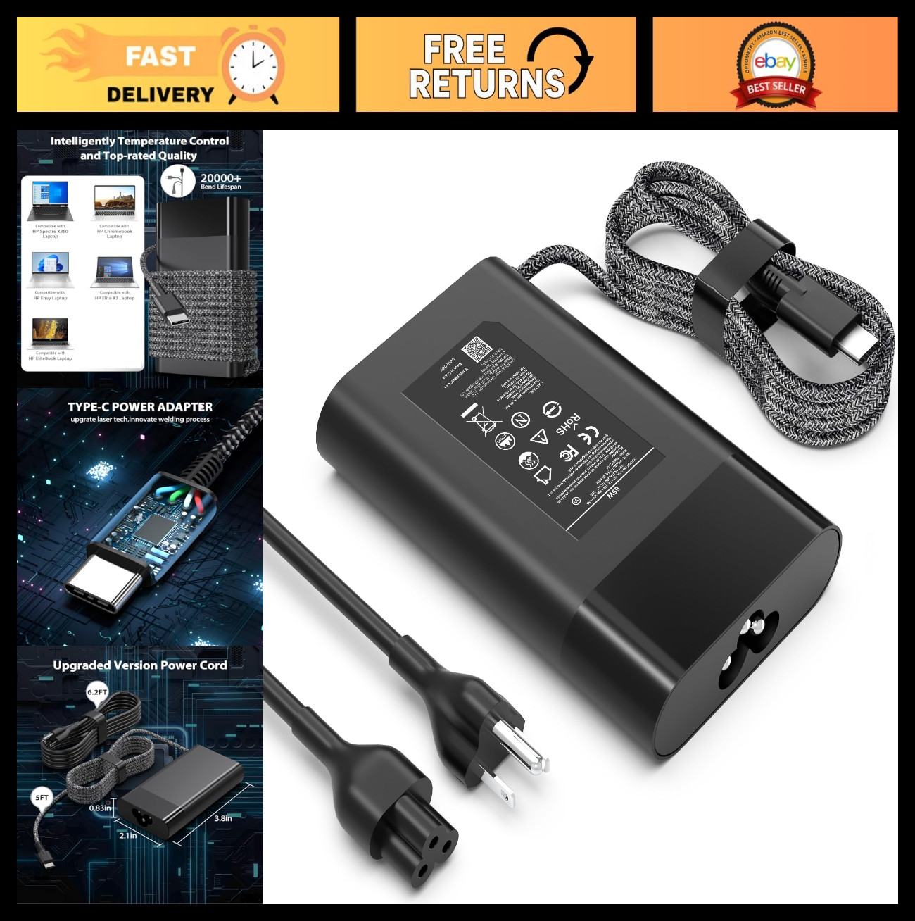 Slim 65W USB C Laptop Charger Replacement for HP Spectre, Elitebook, Envy, ProBo