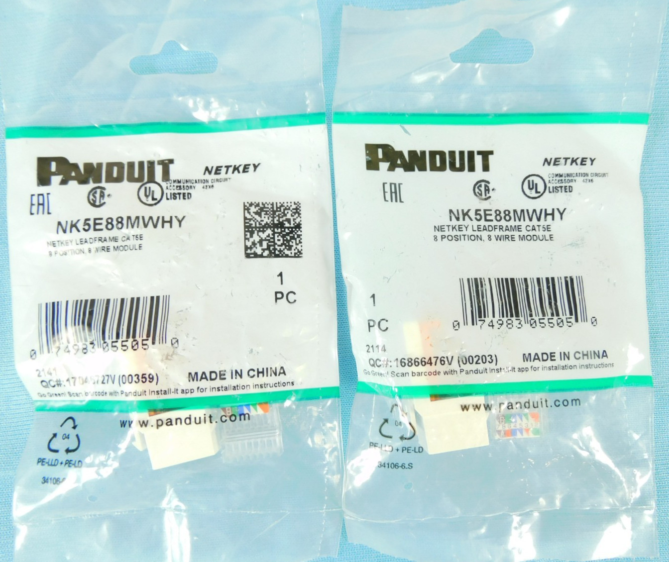 NK5E88MWHY Panduit NetKey Cat5e RJ45 Leadframe Keystone Jack Module - LOT OF 2