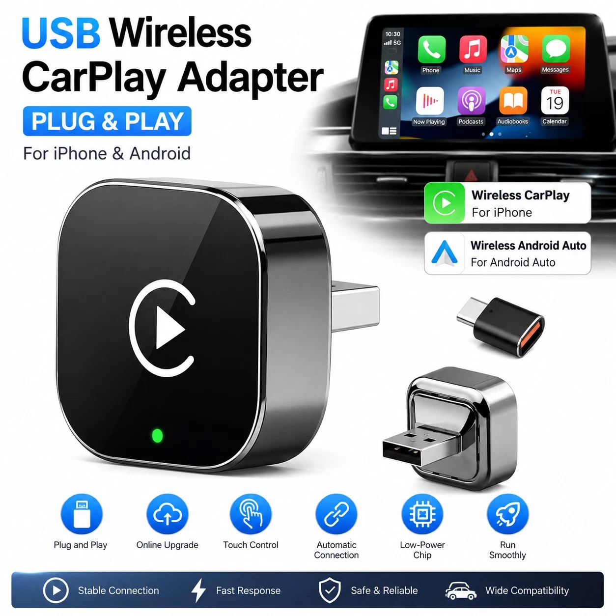 USB Wireless Carplay Adapter For iPhone Android Wireless Dongle Plug ＆ Play 2025