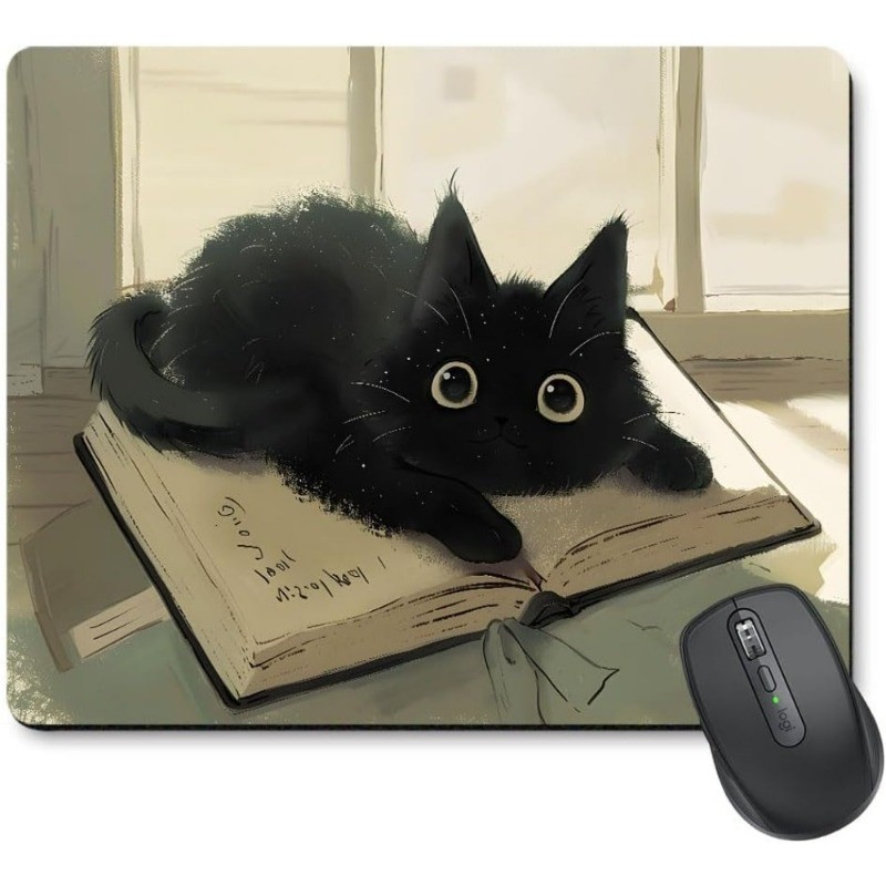 Whimsical Black Cat Mouse Pad: Book Lover Desk Accessory for Cozy Home Office