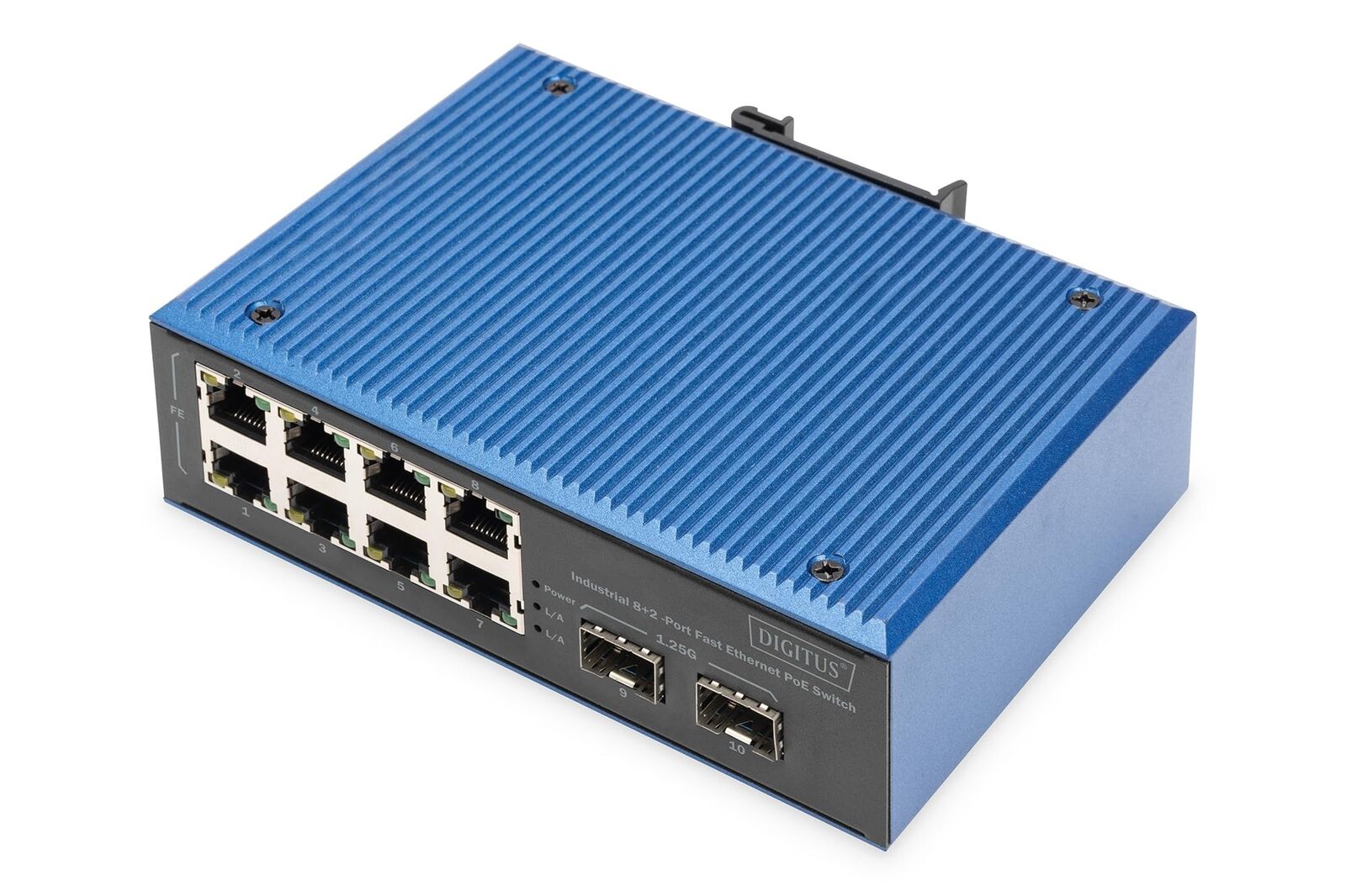 DIGITUS industrieller 10 Port Fast Ethernet PoE Netzwerk-Switch - 8X RJ45 + 2X G