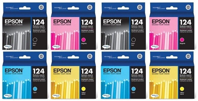 TWO SETS (8 total) New Genuine Sealed Bag Epson 124 Inkjet Cartridges KCMY