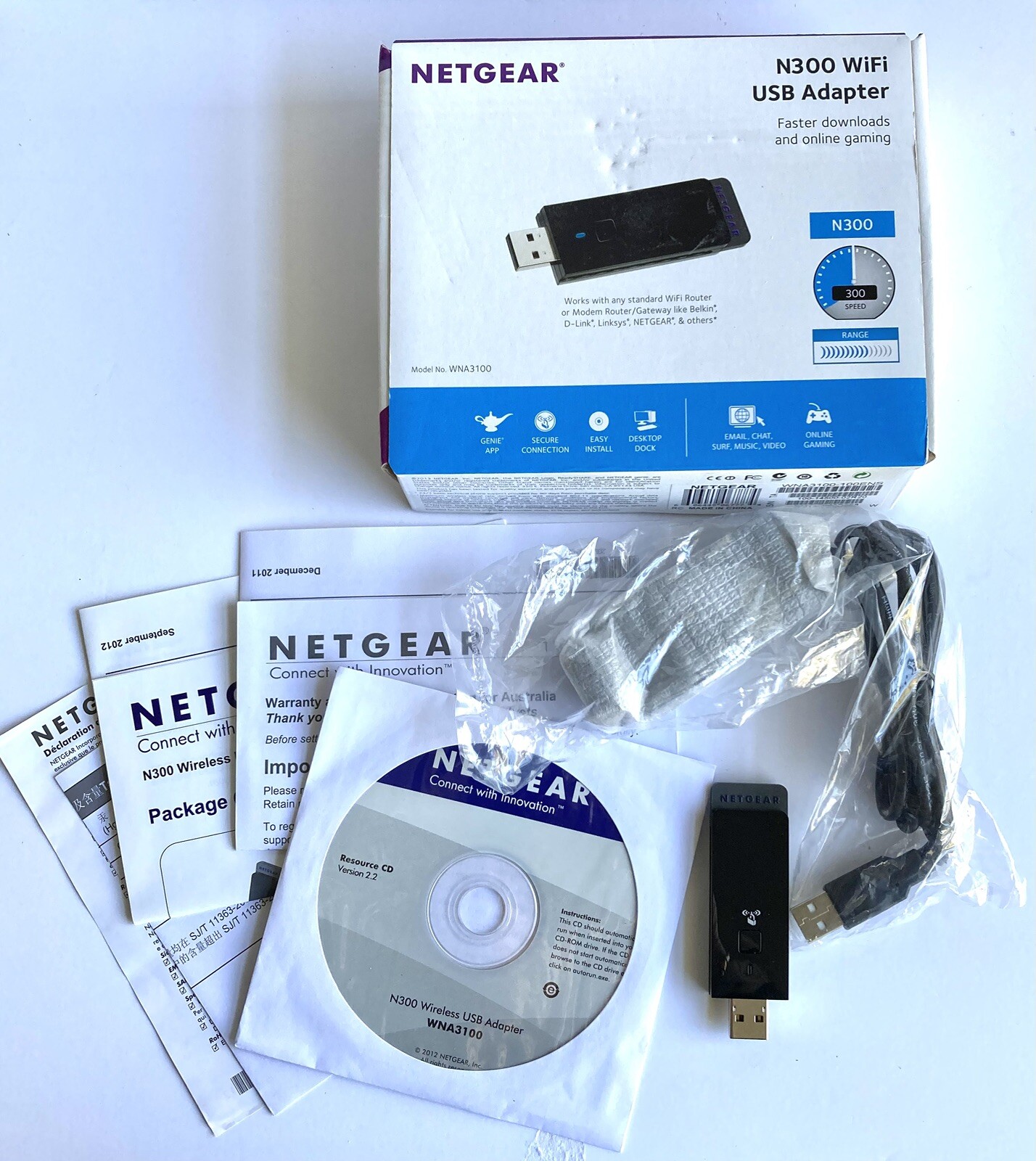 NetGear N300 WiFi USB Adapter - WNA3100 - Complete with Cradle, Installation CD