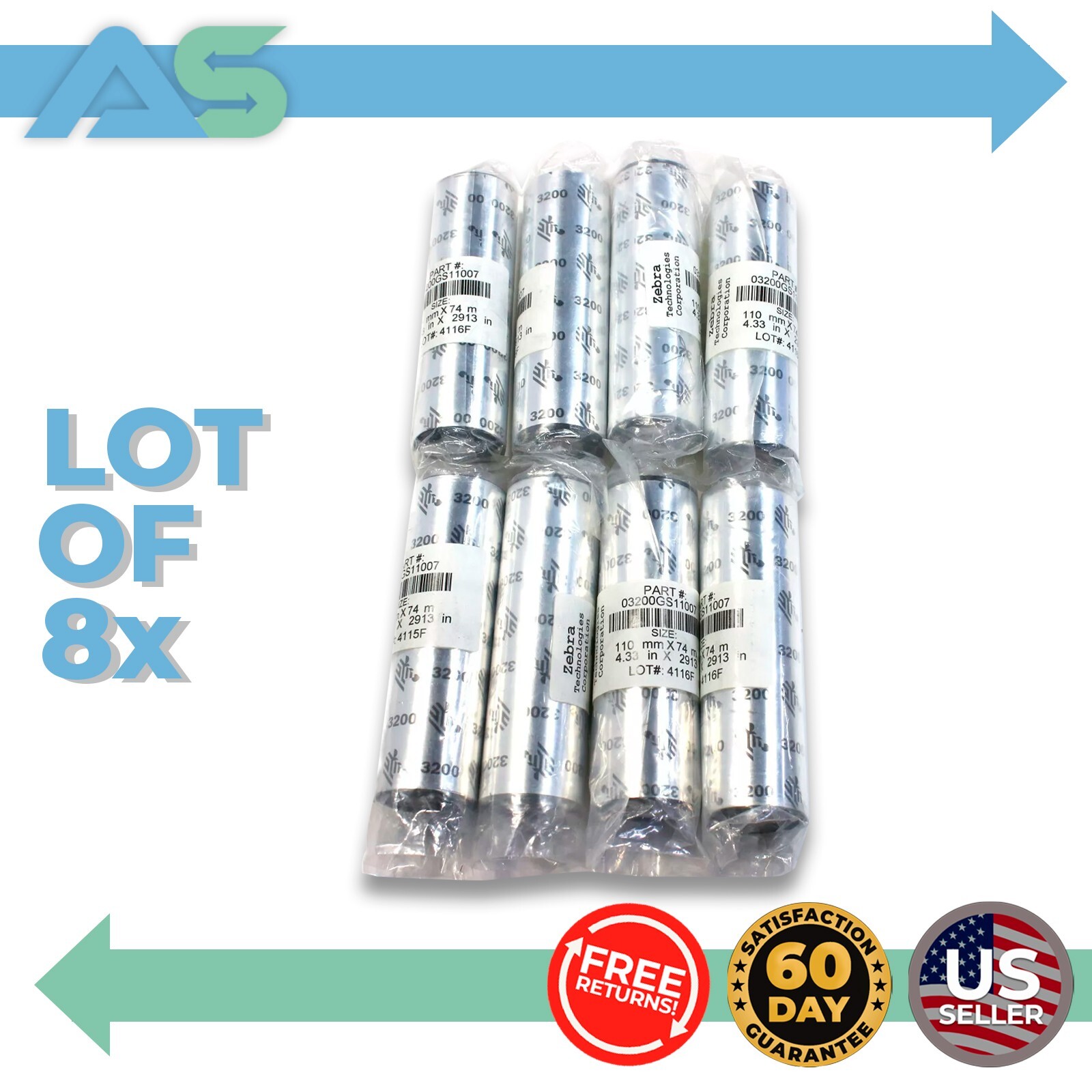 Lot of 8 Zebra High Perf Thermal Wax Resin Ribbon 03200GS11007 4.33" x 2913"