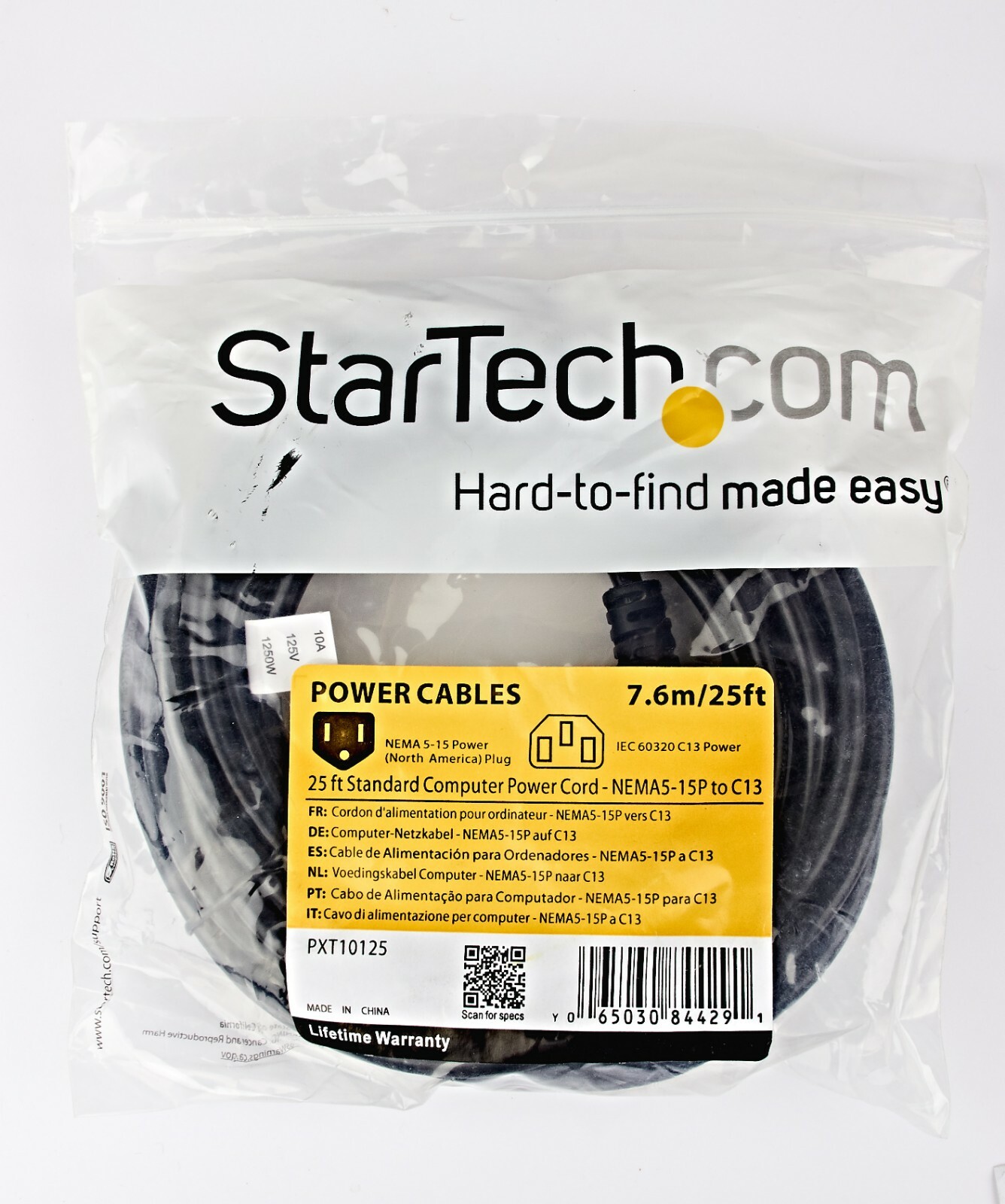 StarTech.com 25 ft Standard Computer Power Cord - NEMA5-15P to C13 - 125V AC 